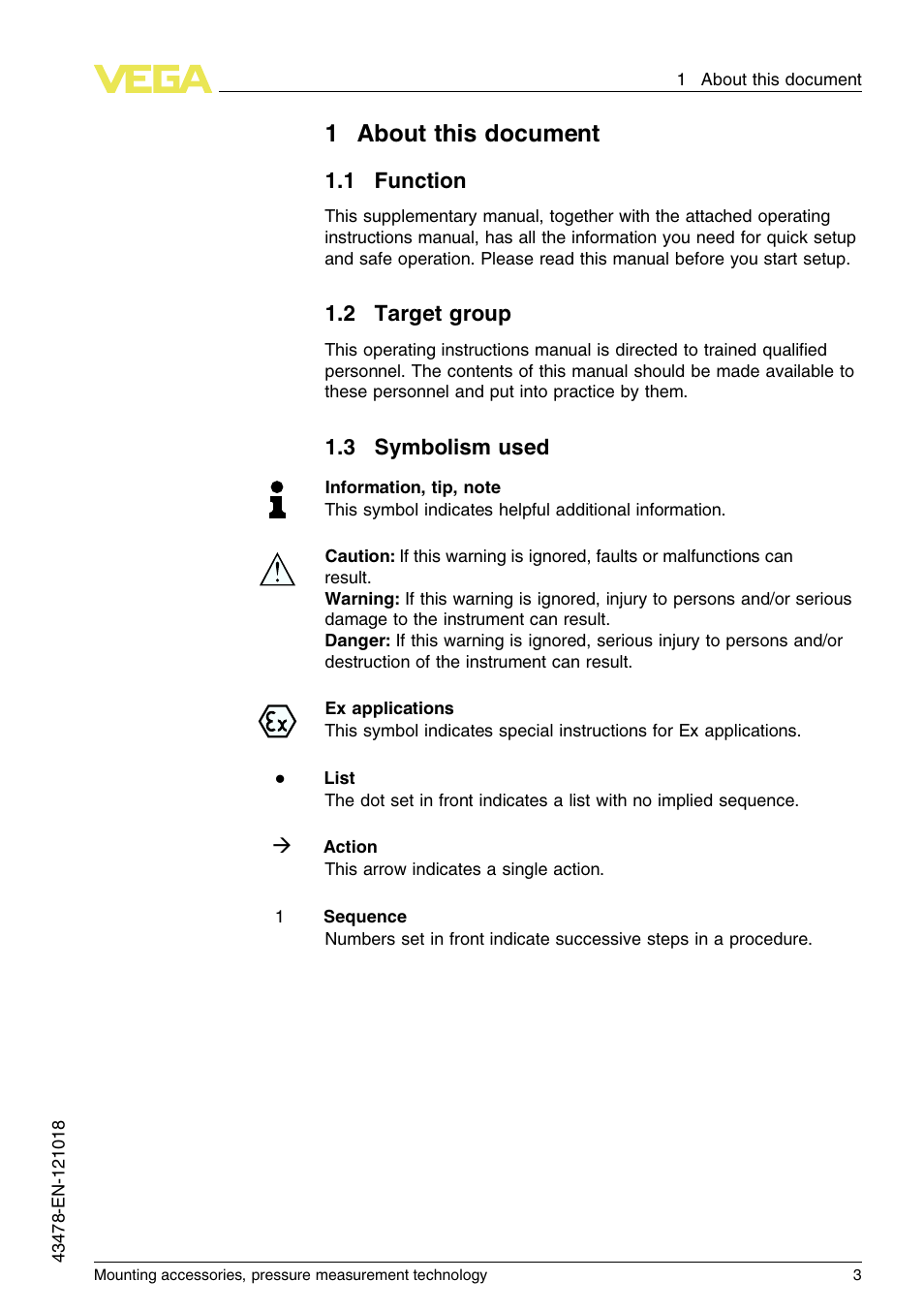 1 about this document, 1 function, 2 target group | 3 symbolism used, 1about this document | VEGA Mounting accessories, pressure measurement technology User Manual | Page 3 / 32
