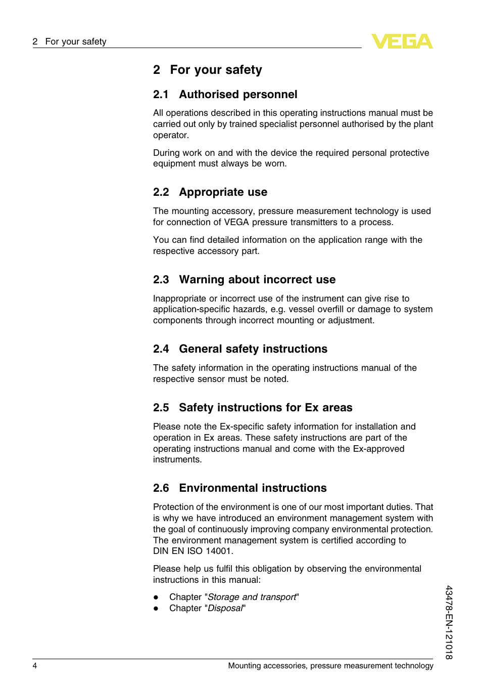 2 for your safety, 1 authorised personnel, 2 appropriate use | 3 warning about incorrect use, 4 general safety instructions, 5 safety instructions for ex areas, 6 environmental instructions, 2for your safety | VEGA Mounting accessories, pressure measurement technology User Manual | Page 4 / 32