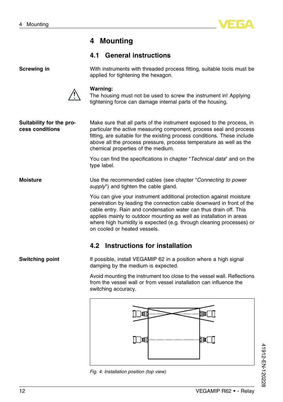 4 mounting, 1 general instructions, 2 instructions for installation | 4mounting | VEGA VEGAMIP R62 Receiving unit - Relay User Manual | Page 12 / 52