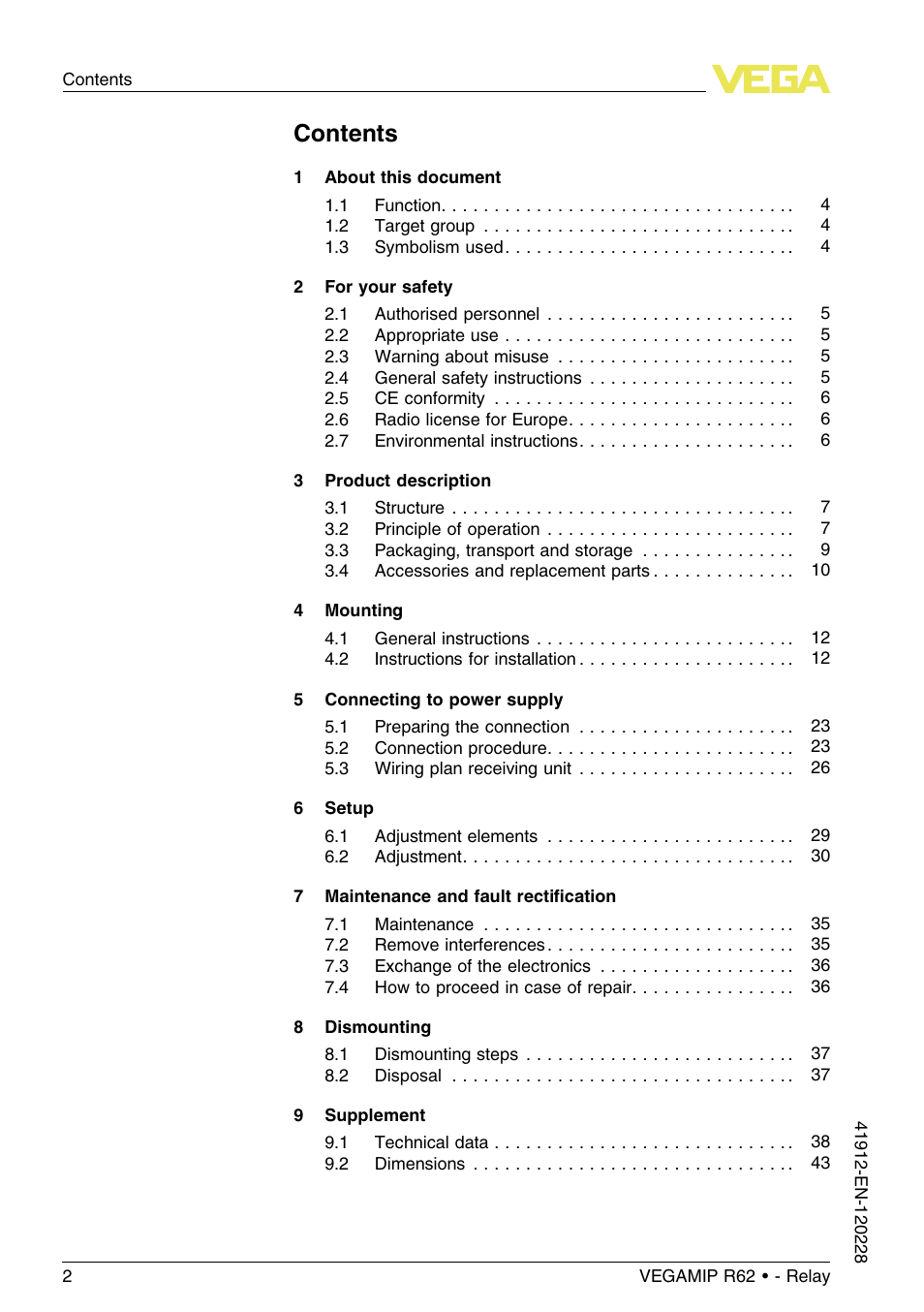 VEGA VEGAMIP R62 Receiving unit - Relay User Manual | Page 2 / 52