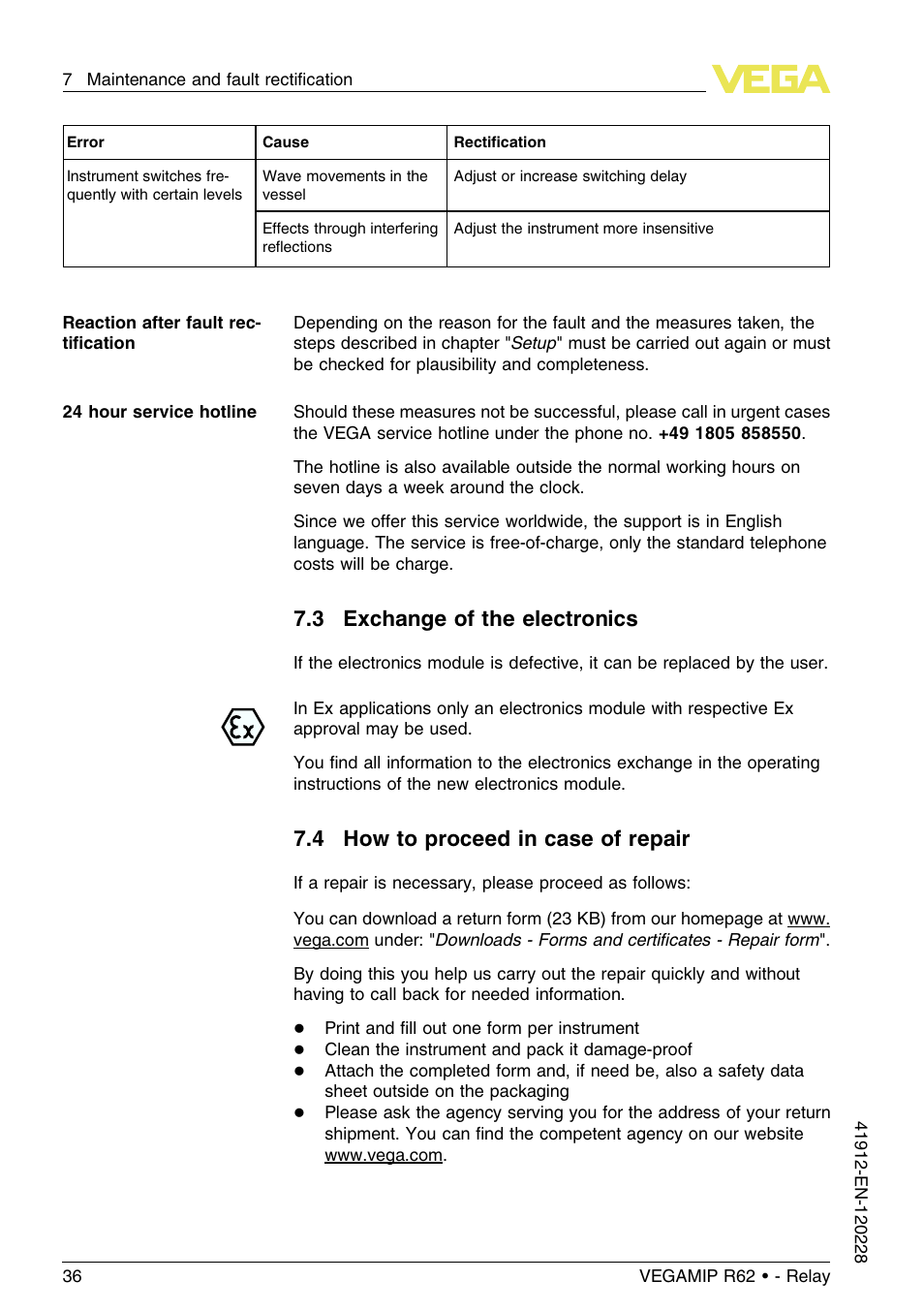 3 exchange of the electronics, 4 how to proceed in case of repair | VEGA VEGAMIP R62 Receiving unit - Relay User Manual | Page 36 / 52