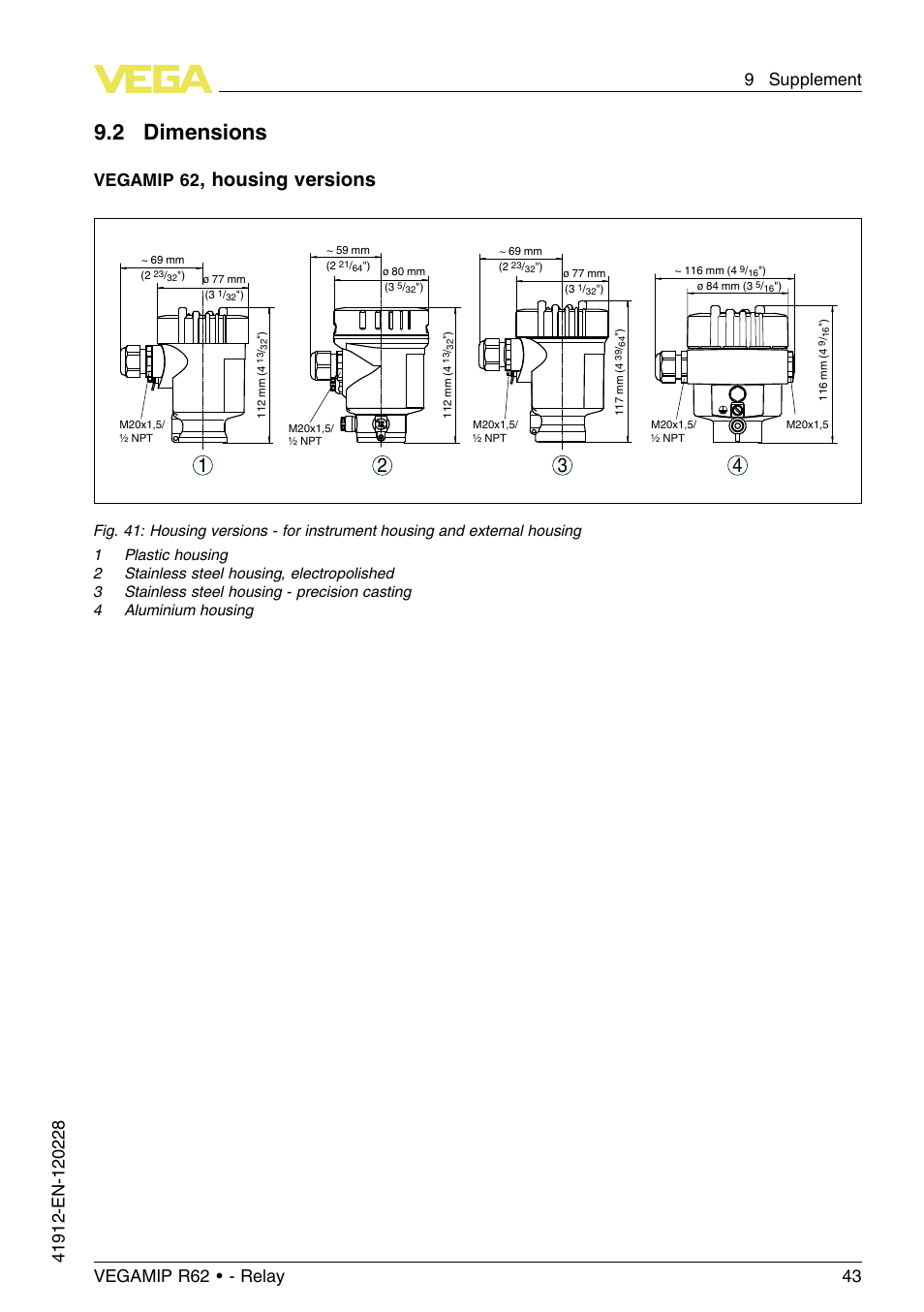 2 dimensions, Housing versions, Vegamip 62 | VEGA VEGAMIP R62 Receiving unit - Relay User Manual | Page 43 / 52