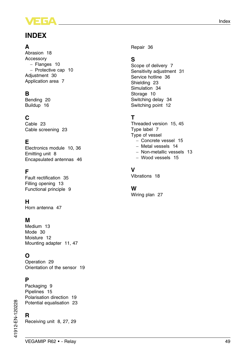 Index | VEGA VEGAMIP R62 Receiving unit - Relay User Manual | Page 49 / 52