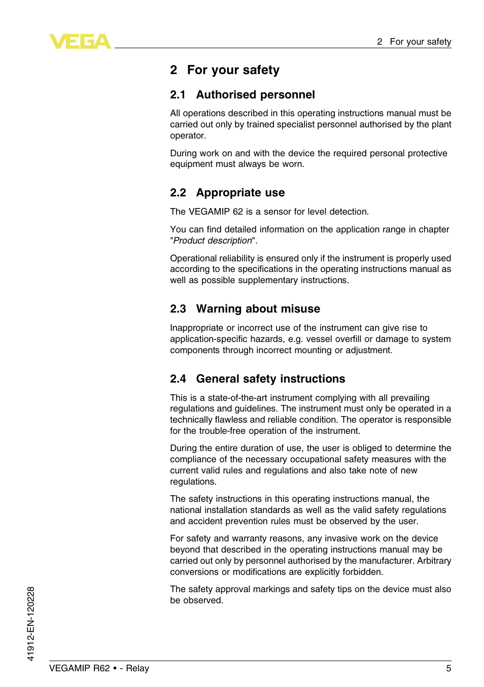 2 for your safety, 1 authorised personnel, 2 appropriate use | 3 warning about misuse, 2for your safety | VEGA VEGAMIP R62 Receiving unit - Relay User Manual | Page 5 / 52