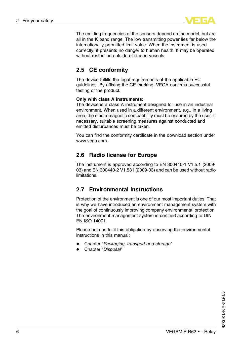 6 radio license for europe, 7 environmental instructions | VEGA VEGAMIP R62 Receiving unit - Relay User Manual | Page 6 / 52