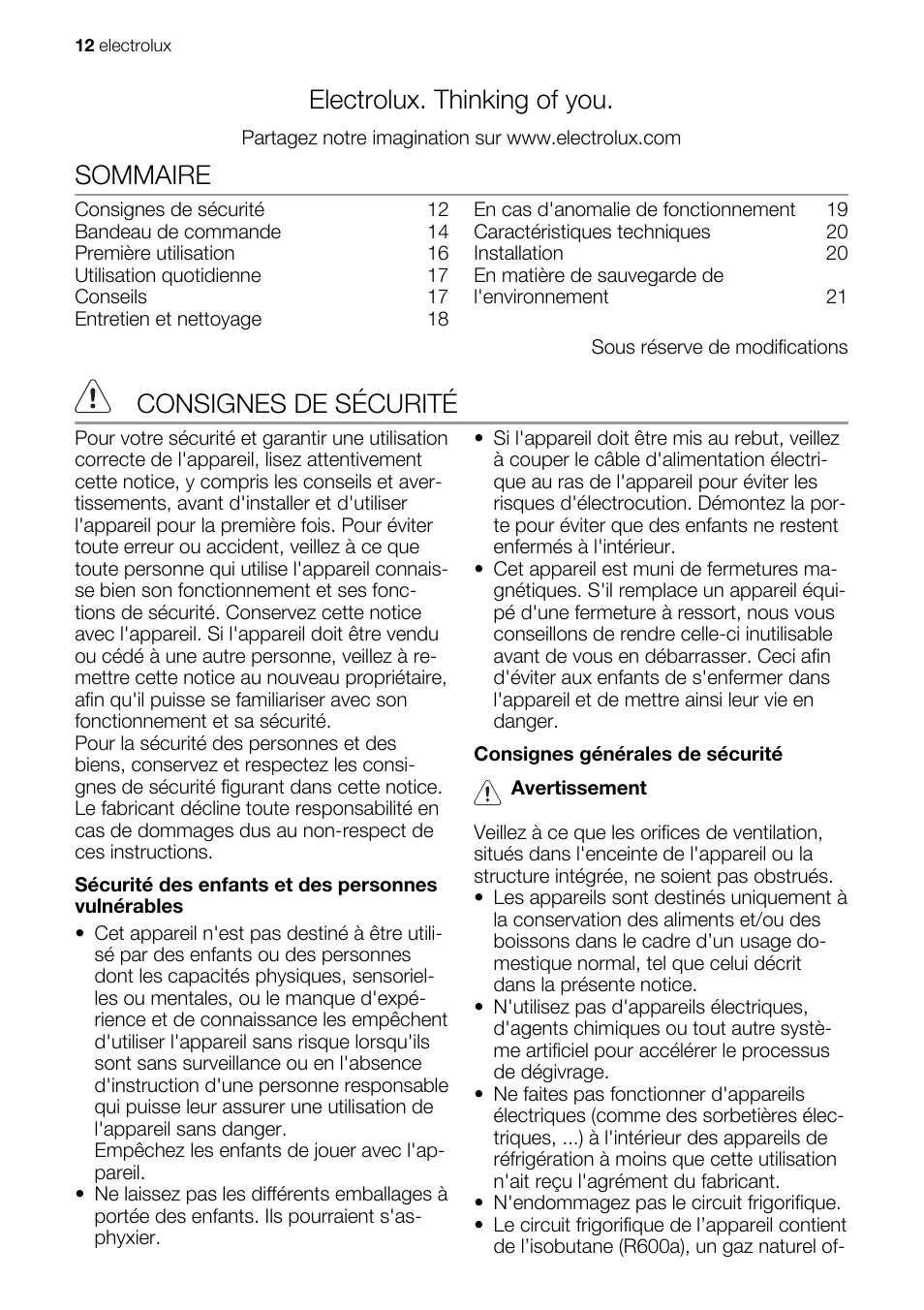 Electrolux. thinking of you, Sommaire, Consignes de sécurité | Electrolux IG 123020 N User Manual | Page 12 / 44