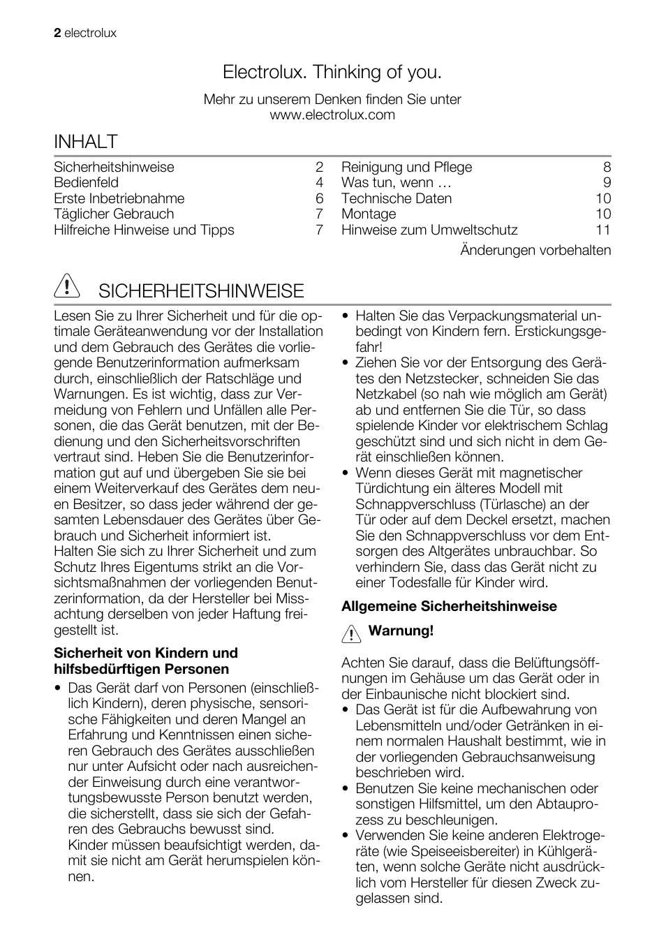 Electrolux. thinking of you, Inhalt, Sicherheitshinweise | Electrolux IG 123020 N User Manual | Page 2 / 44