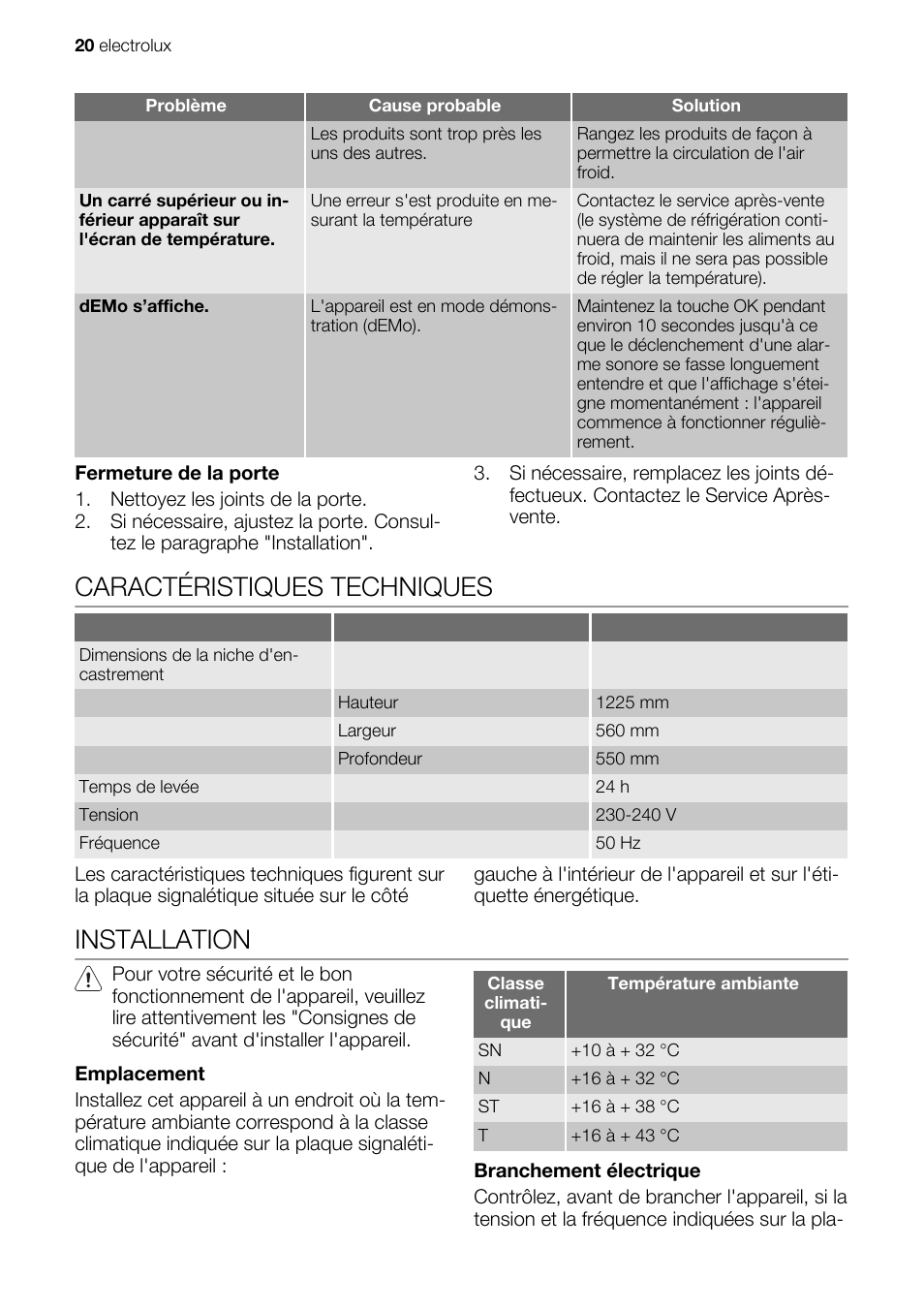 Caractéristiques techniques, Installation | Electrolux IG 123020 N User Manual | Page 20 / 44
