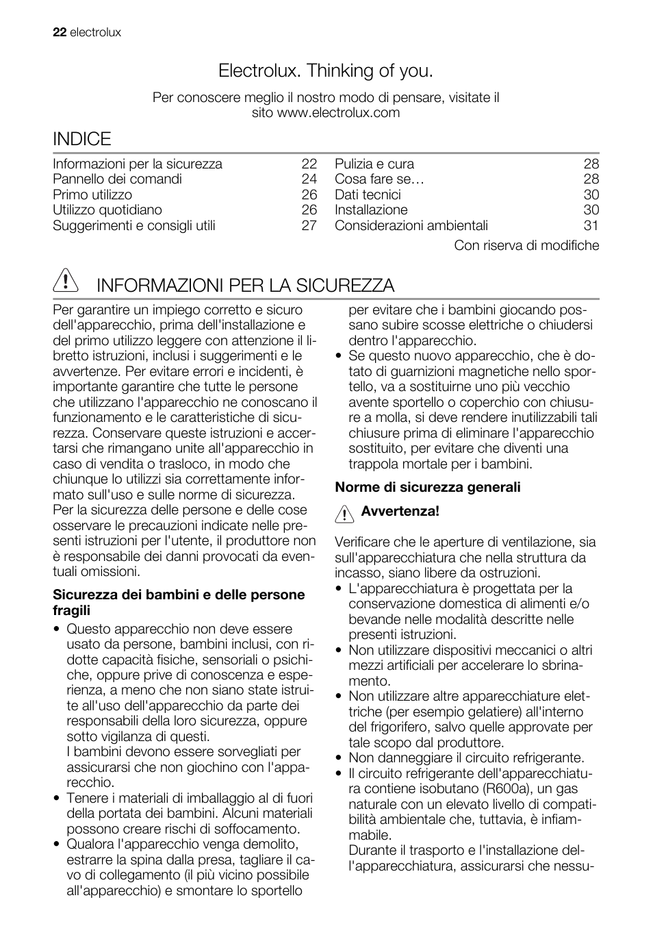 Electrolux. thinking of you, Indice, Informazioni per la sicurezza | Electrolux IG 123020 N User Manual | Page 22 / 44