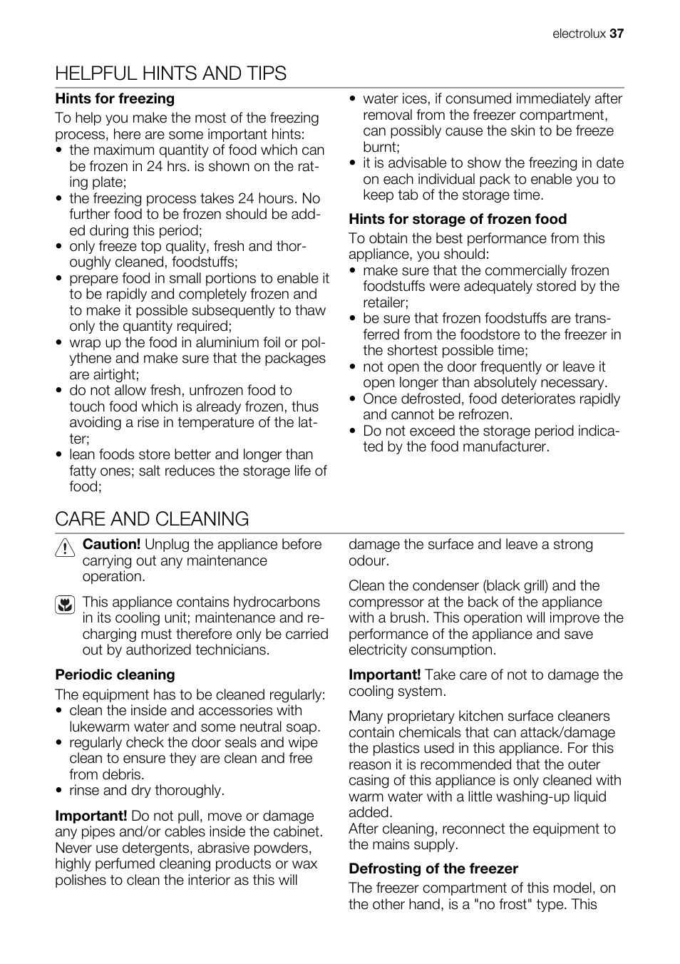 Helpful hints and tips, Care and cleaning | Electrolux IG 123020 N User Manual | Page 37 / 44