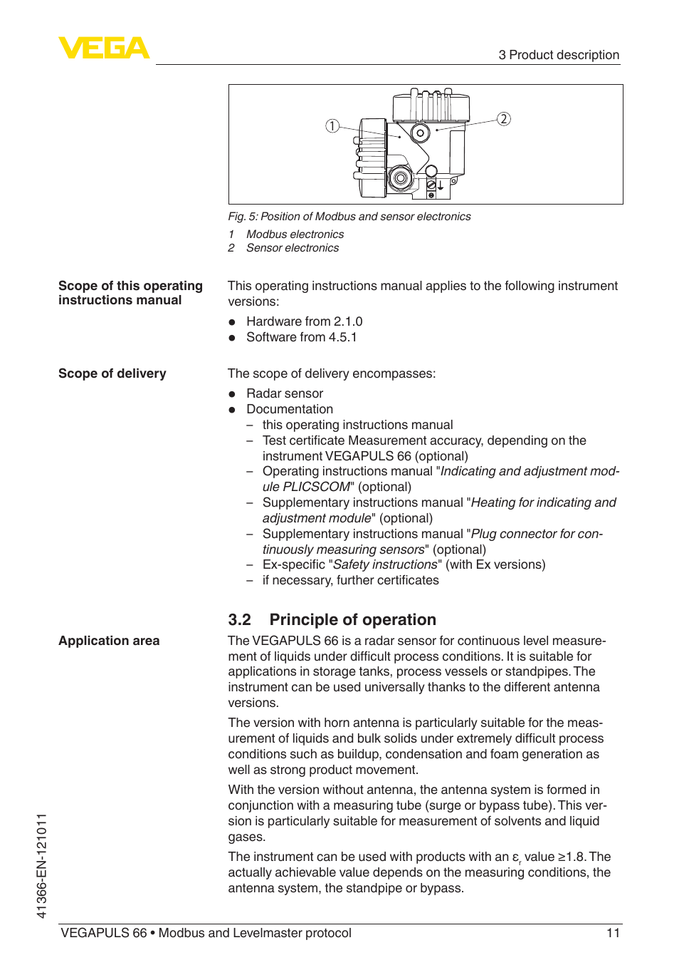 2 principle of operation | VEGA VEGAPULS 66 (≥ 2.0.0 - ≥ 4.0.0) Modbus and Levelmaster protocol User Manual | Page 11 / 84