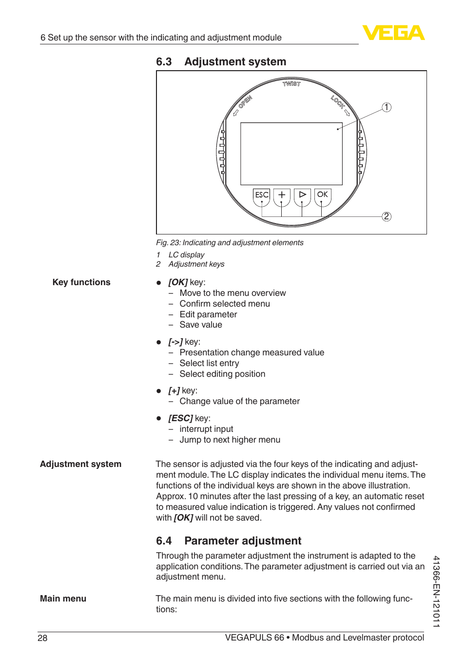3 adjustment system, 4 parameter adjustment | VEGA VEGAPULS 66 (≥ 2.0.0 - ≥ 4.0.0) Modbus and Levelmaster protocol User Manual | Page 28 / 84