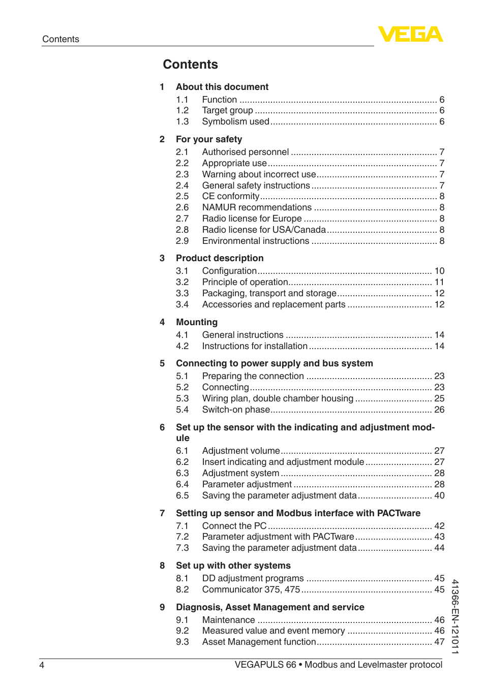VEGA VEGAPULS 66 (≥ 2.0.0 - ≥ 4.0.0) Modbus and Levelmaster protocol User Manual | Page 4 / 84