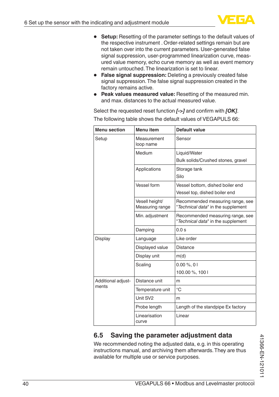 5 saving the parameter adjustment data | VEGA VEGAPULS 66 (≥ 2.0.0 - ≥ 4.0.0) Modbus and Levelmaster protocol User Manual | Page 40 / 84