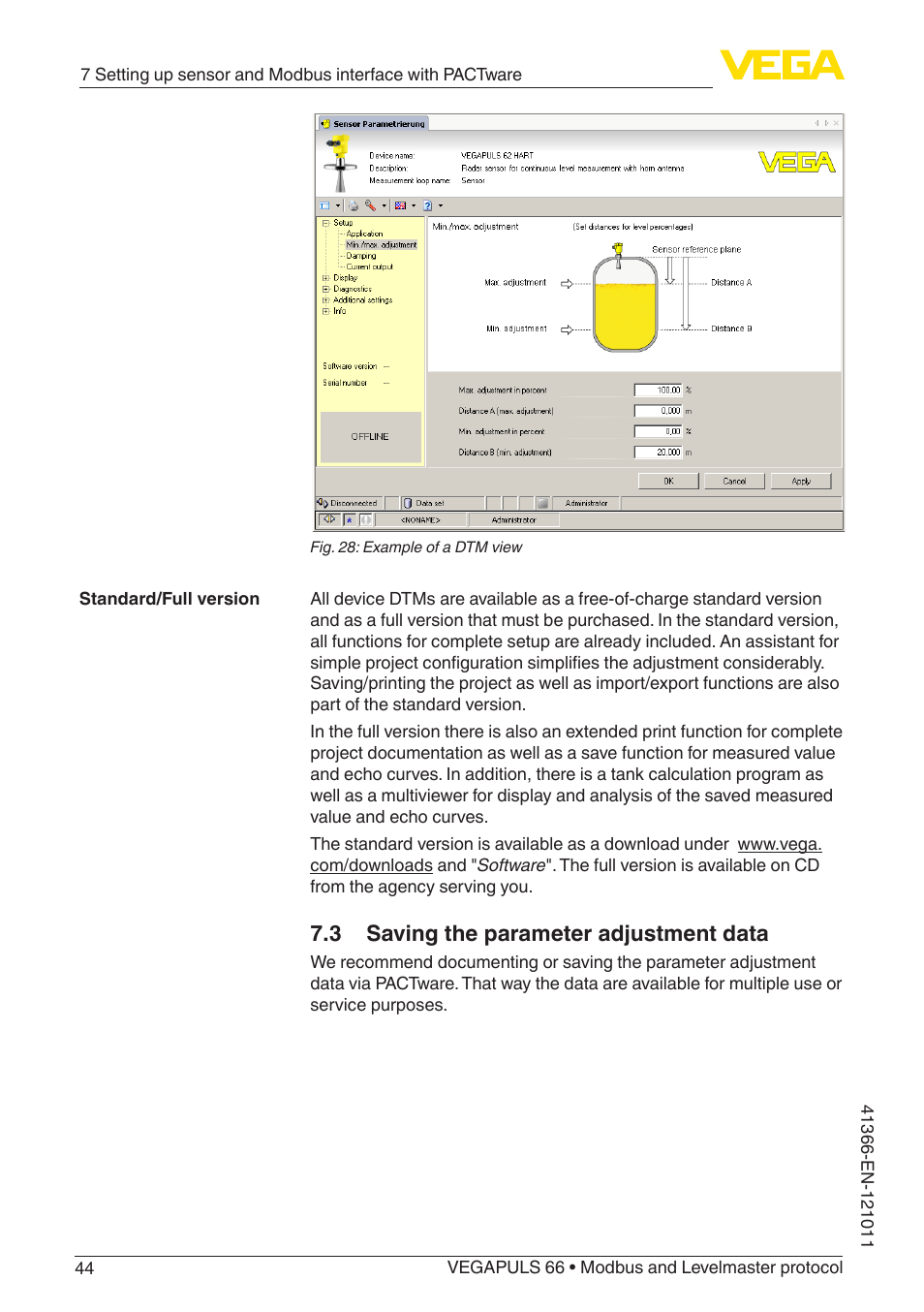 3 saving the parameter adjustment data | VEGA VEGAPULS 66 (≥ 2.0.0 - ≥ 4.0.0) Modbus and Levelmaster protocol User Manual | Page 44 / 84