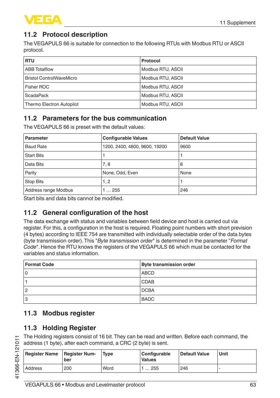 3 modbus register, 2 protocol description, 2 parameters for the bus communication | 2 general configuration of the host, 3 holding register, 3 modbus register 11.3 holding register | VEGA VEGAPULS 66 (≥ 2.0.0 - ≥ 4.0.0) Modbus and Levelmaster protocol User Manual | Page 63 / 84