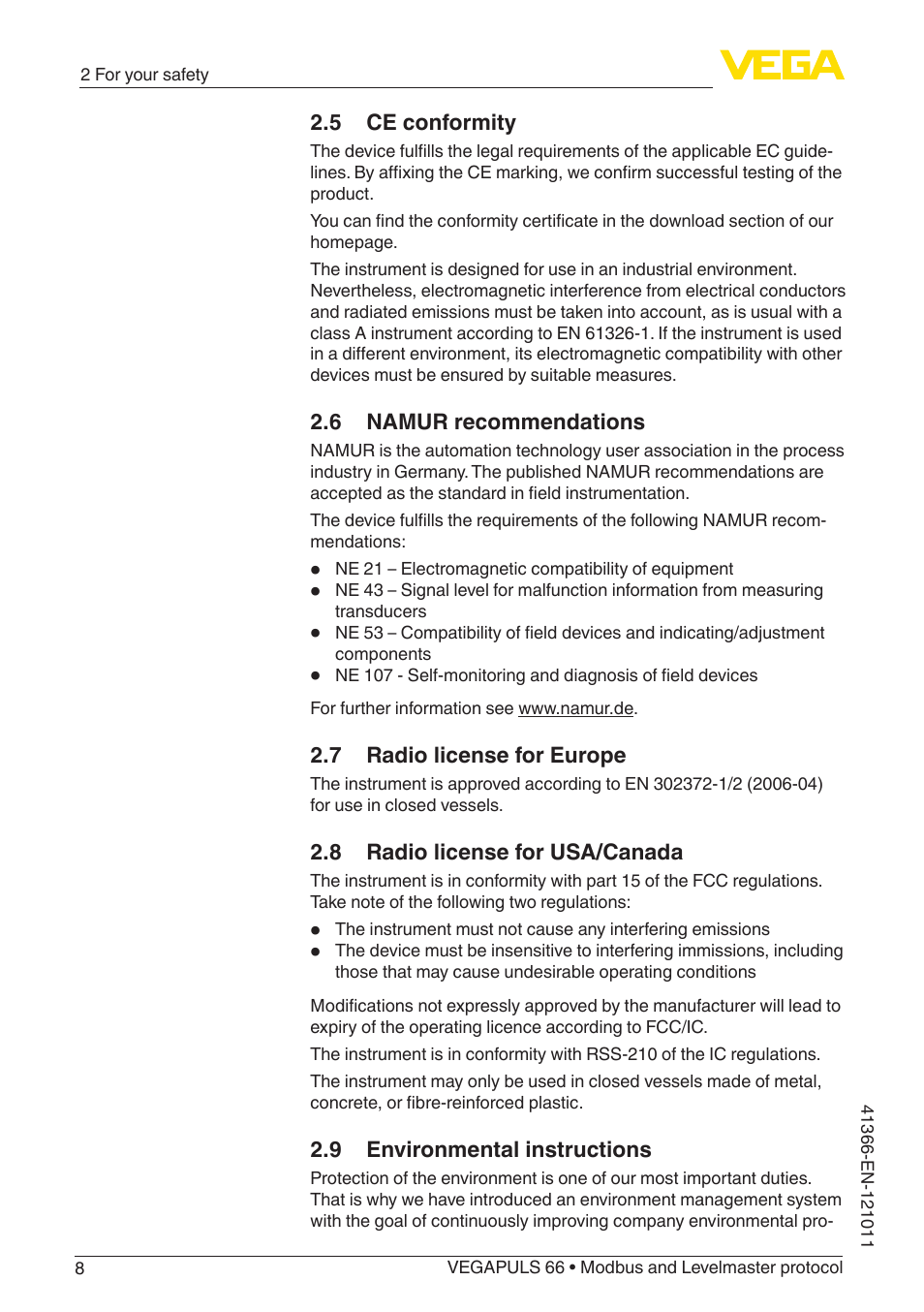 5 ce conformity, 6 namur recommendations, 7 radio license for europe | 8 radio license for usa/canada, 9 environmental instructions | VEGA VEGAPULS 66 (≥ 2.0.0 - ≥ 4.0.0) Modbus and Levelmaster protocol User Manual | Page 8 / 84