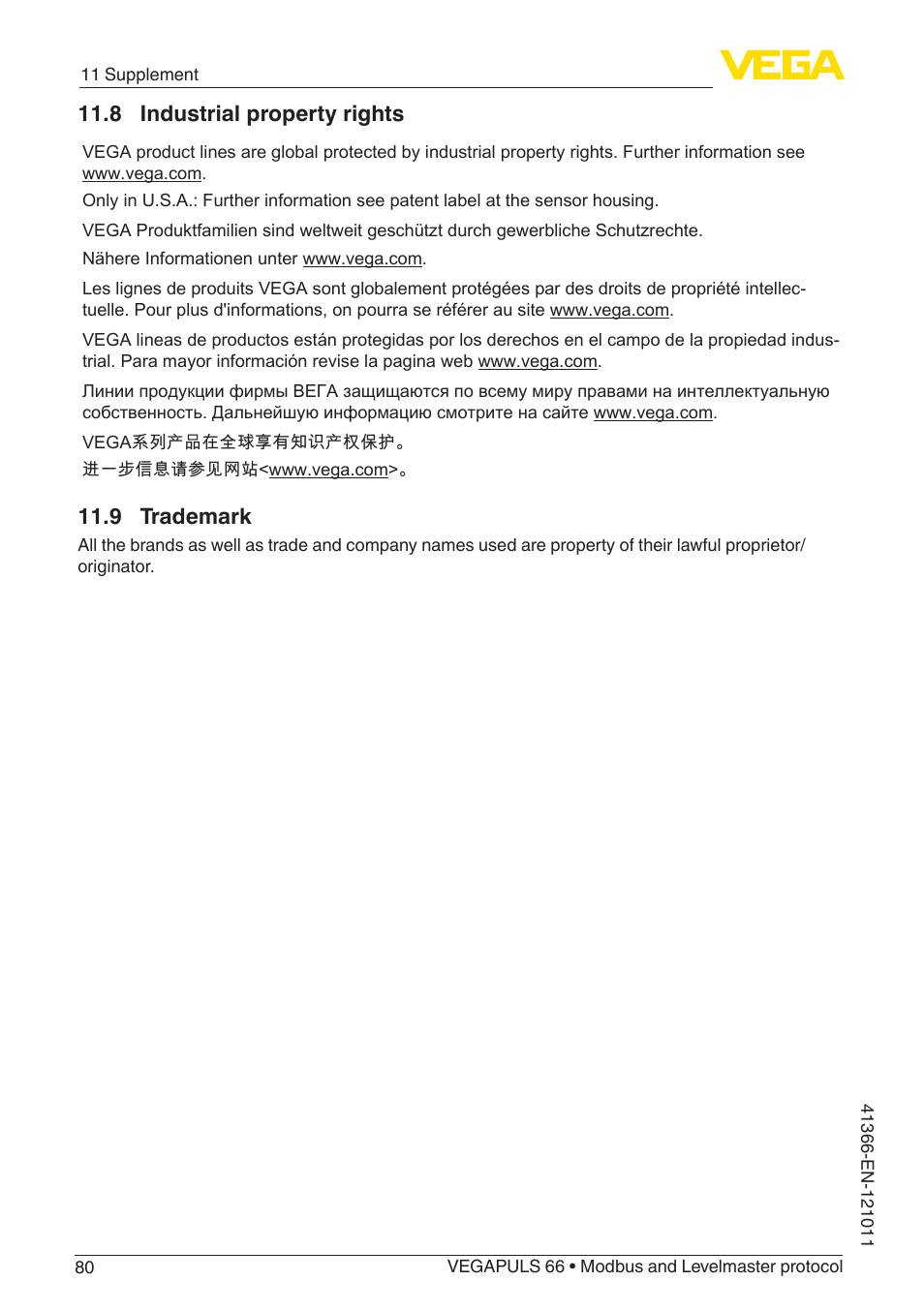 8 industrial property rights, 9 trademark | VEGA VEGAPULS 66 (≥ 2.0.0 - ≥ 4.0.0) Modbus and Levelmaster protocol User Manual | Page 80 / 84