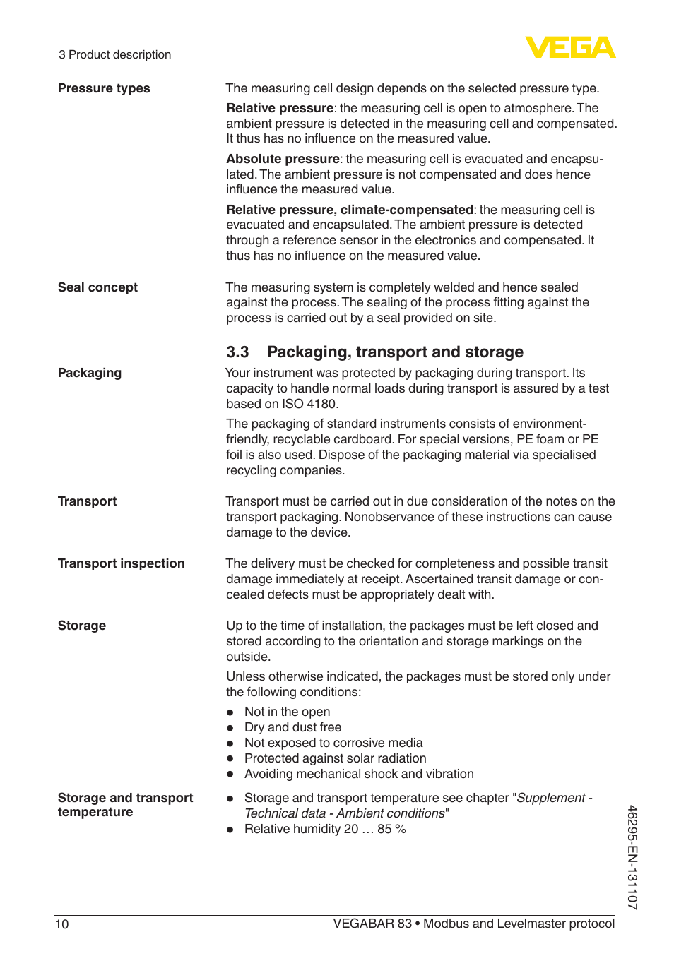 3 packaging, transport and storage | VEGA VEGABAR 83 Modbus and Levelmaster protocol - Operating Instructions User Manual | Page 10 / 96