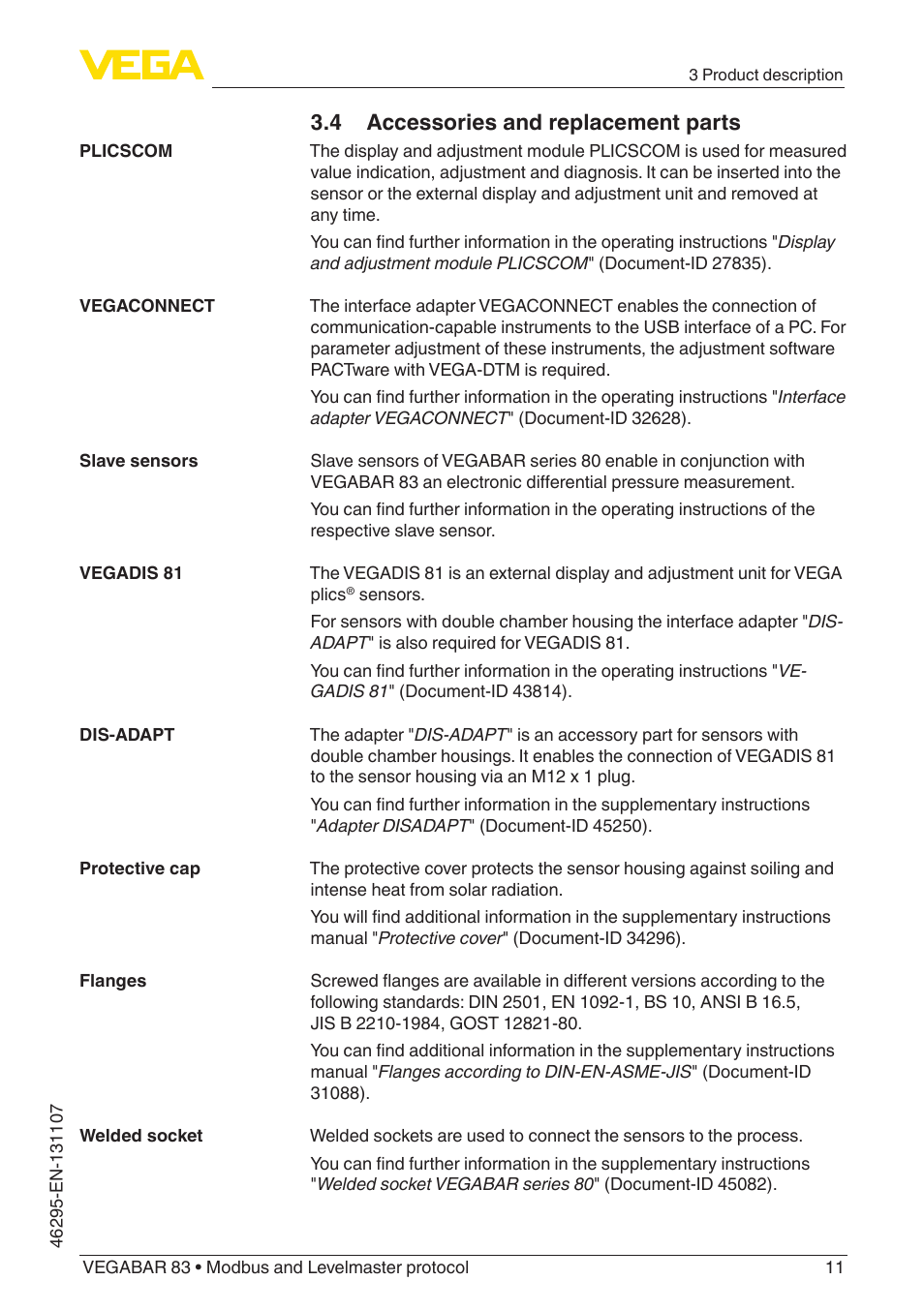 4 accessories and replacement parts | VEGA VEGABAR 83 Modbus and Levelmaster protocol - Operating Instructions User Manual | Page 11 / 96