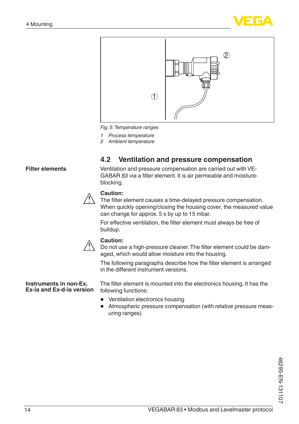 2 ventilation and pressure compensation | VEGA VEGABAR 83 Modbus and Levelmaster protocol - Operating Instructions User Manual | Page 14 / 96