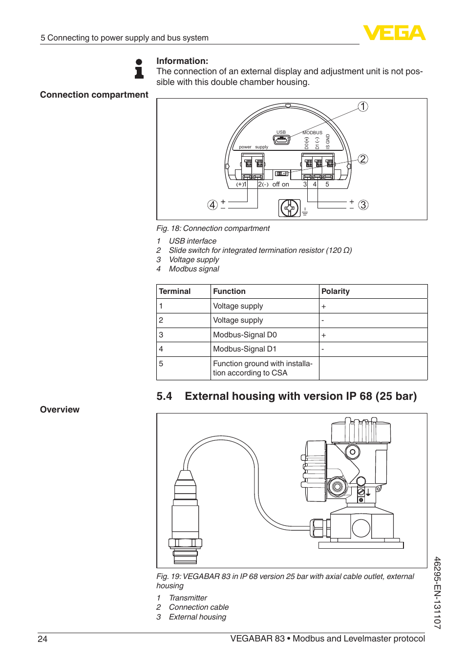 Connection compartment overview | VEGA VEGABAR 83 Modbus and Levelmaster protocol - Operating Instructions User Manual | Page 24 / 96