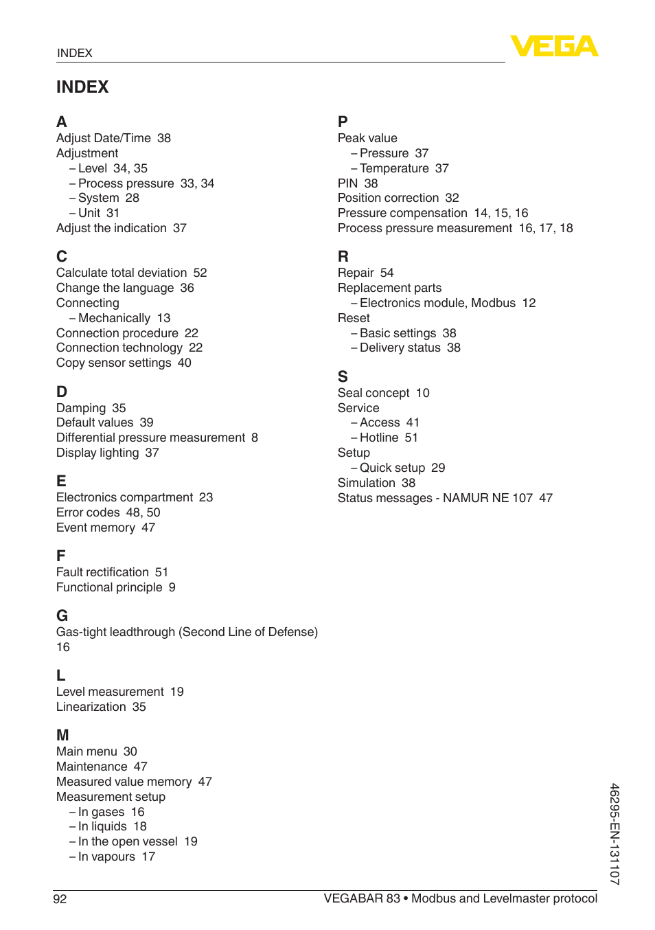 Index | VEGA VEGABAR 83 Modbus and Levelmaster protocol - Operating Instructions User Manual | Page 92 / 96