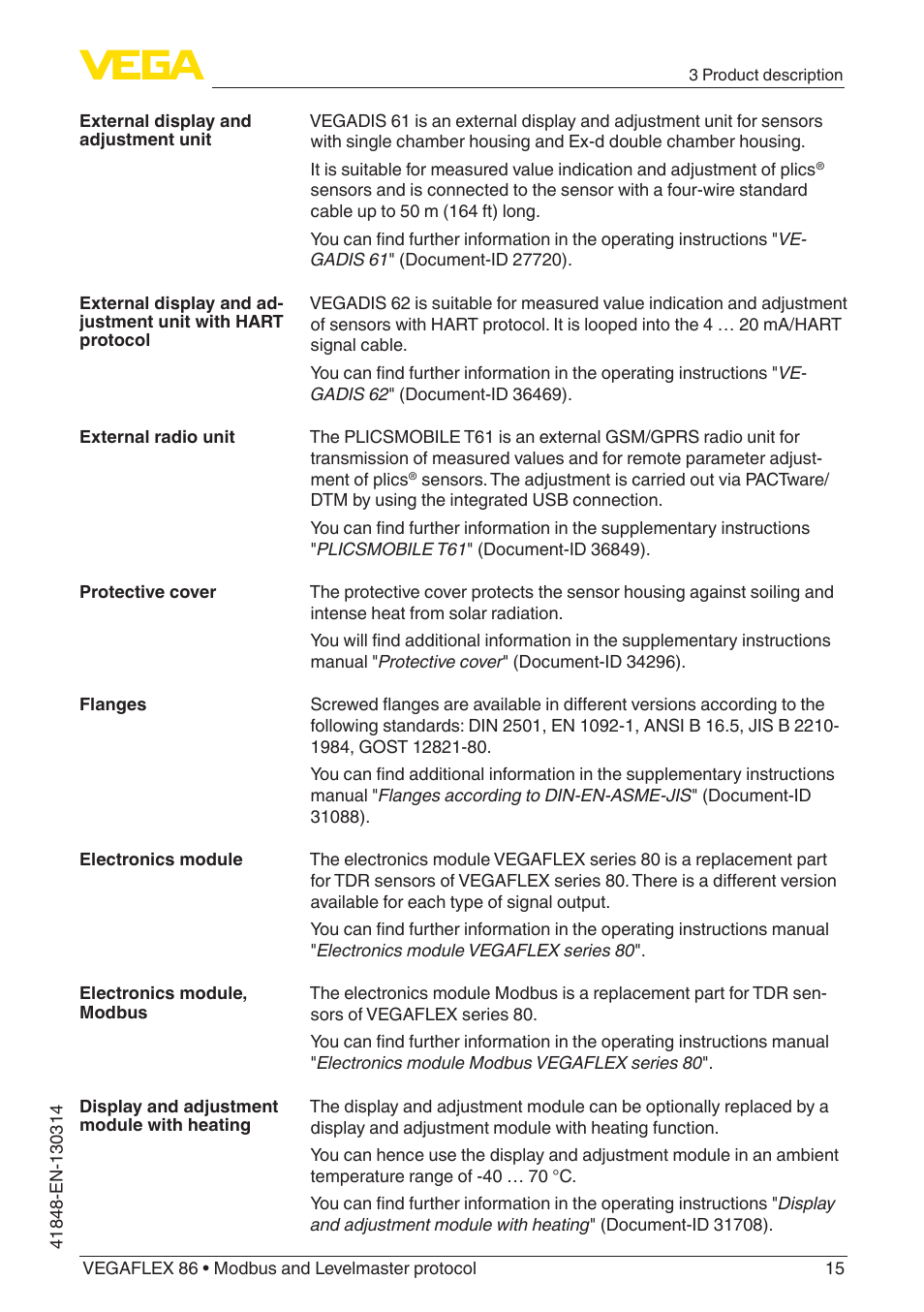 VEGA VEGAFLEX 86 Modbus and Levelmaster protocol User Manual | Page 15 / 104