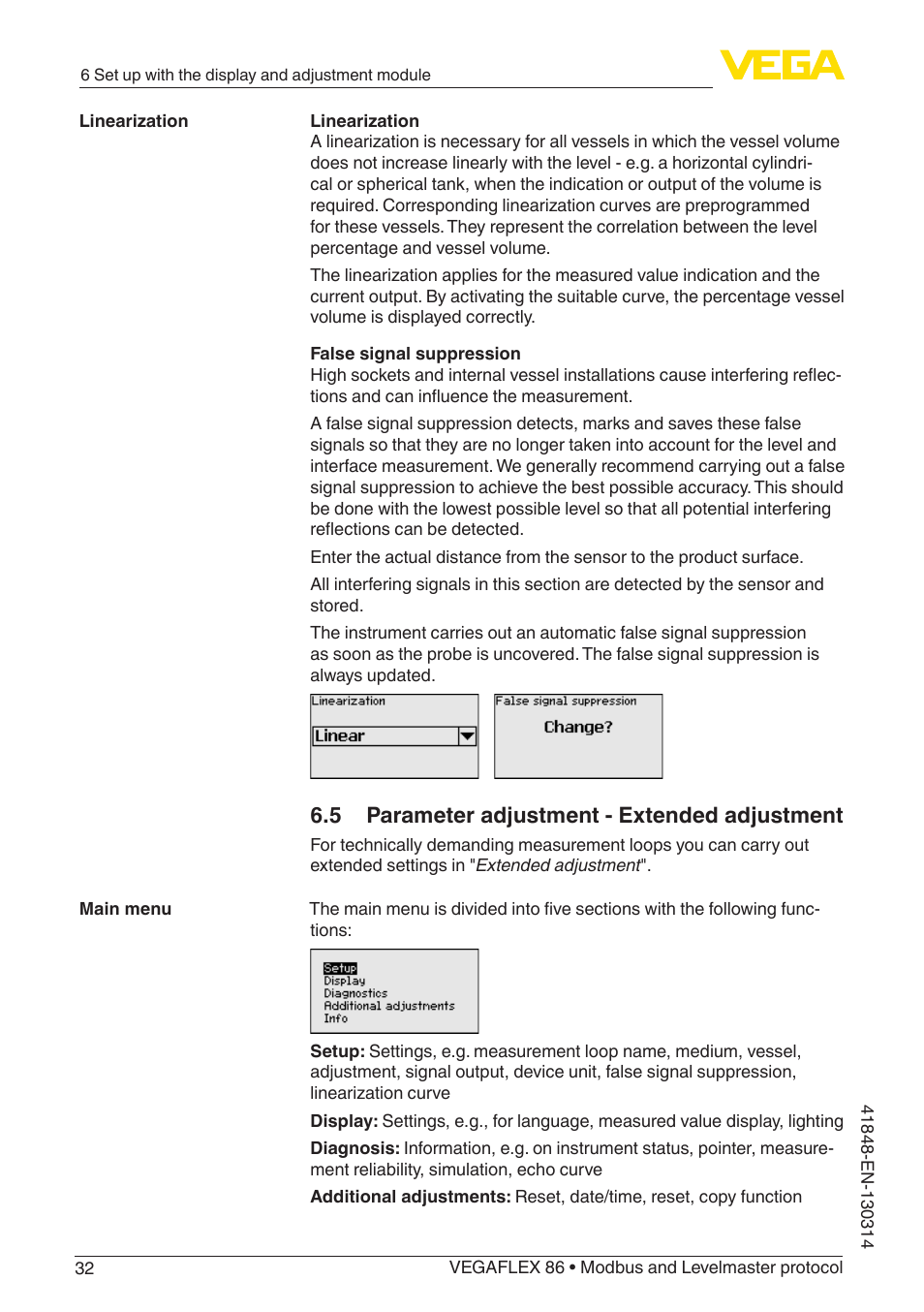 5 parameter adjustment - extended adjustment | VEGA VEGAFLEX 86 Modbus and Levelmaster protocol User Manual | Page 32 / 104