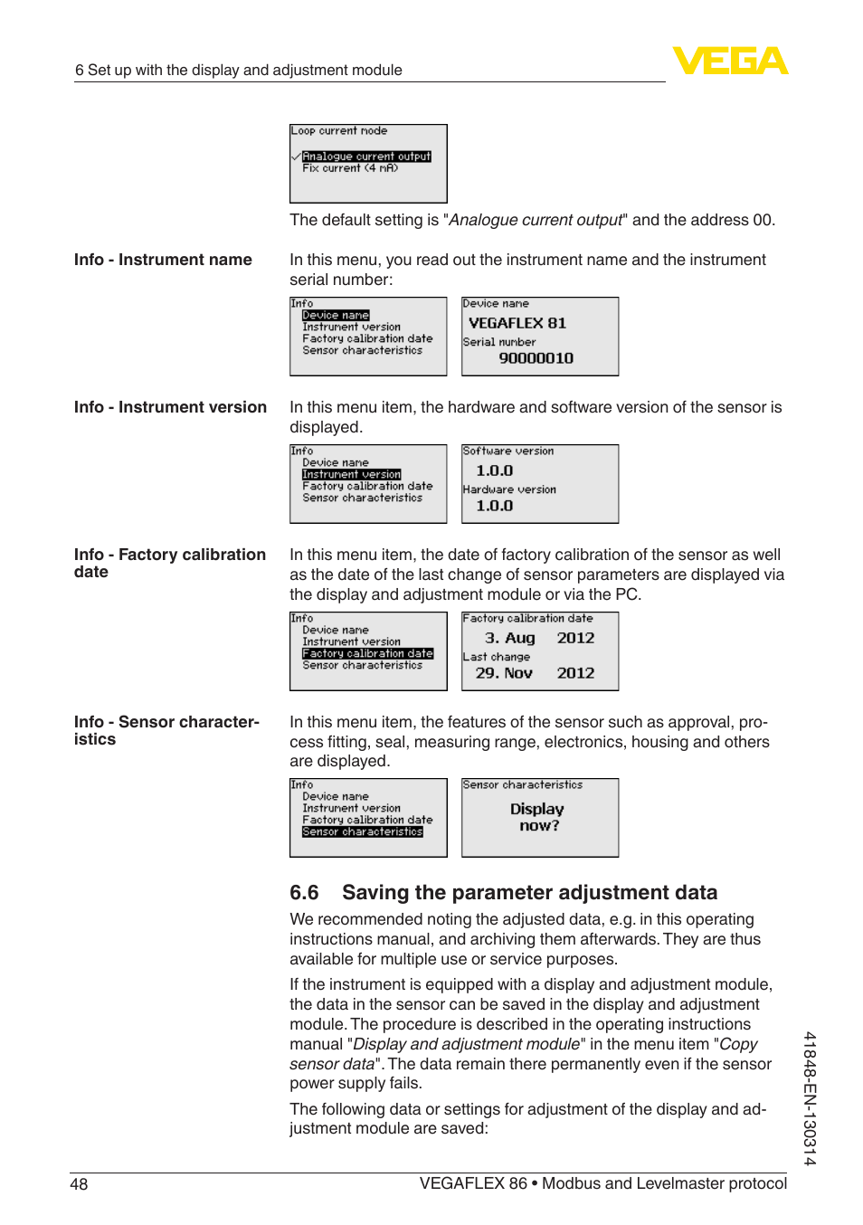 6 saving the parameter adjustment data | VEGA VEGAFLEX 86 Modbus and Levelmaster protocol User Manual | Page 48 / 104