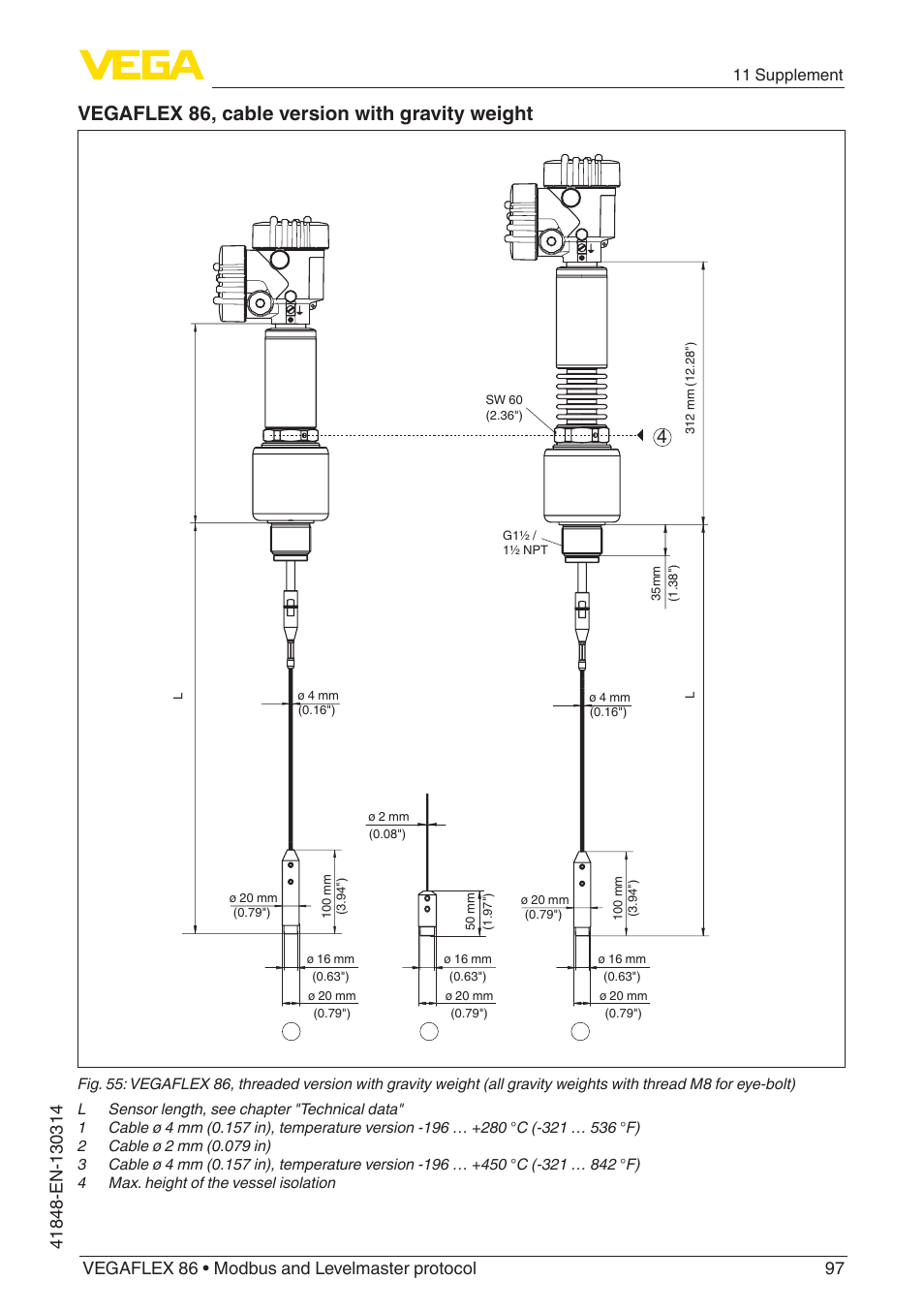 Vegaflex 86, cable version with gravity weight, 11 supplement | VEGA VEGAFLEX 86 Modbus and Levelmaster protocol User Manual | Page 97 / 104