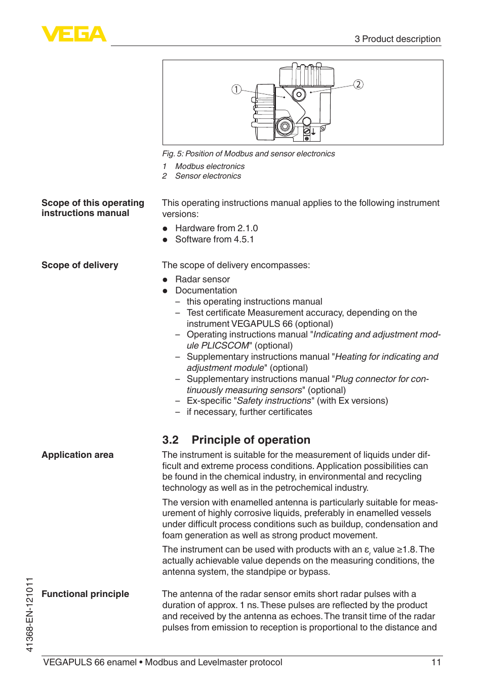 2 principle of operation | VEGA VEGAPULS 66 (≥ 2.0.0 - ≥ 4.0.0) enamel Modbus and Levelmaster protocol User Manual | Page 11 / 80