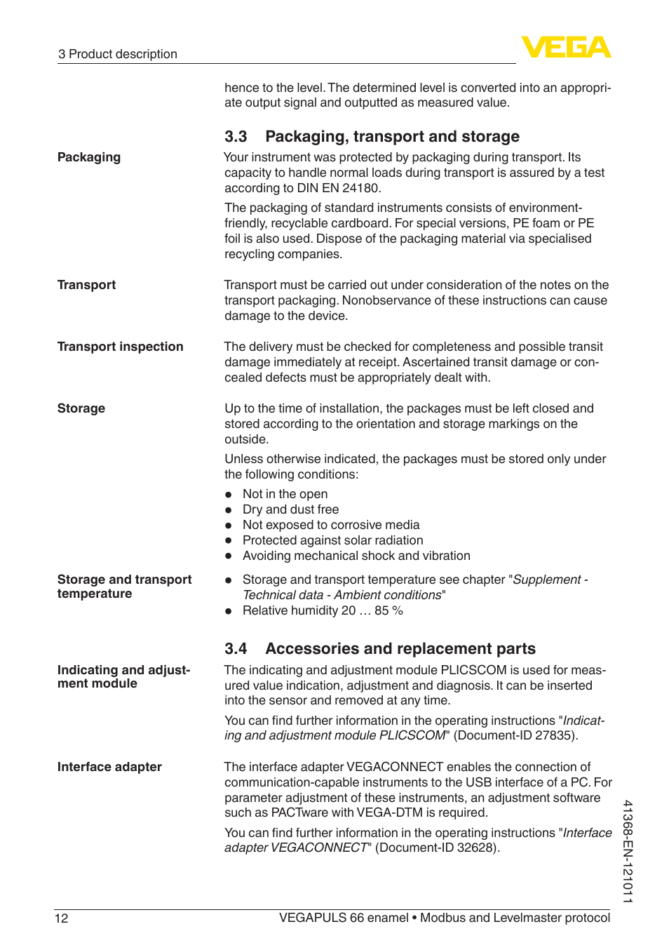 3 packaging, transport and storage, 4 accessories and replacement parts | VEGA VEGAPULS 66 (≥ 2.0.0 - ≥ 4.0.0) enamel Modbus and Levelmaster protocol User Manual | Page 12 / 80