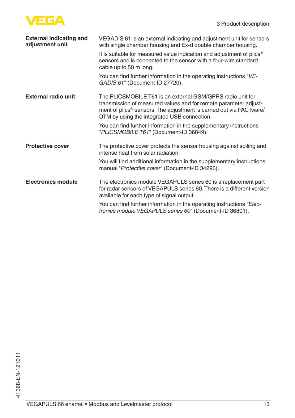 VEGA VEGAPULS 66 (≥ 2.0.0 - ≥ 4.0.0) enamel Modbus and Levelmaster protocol User Manual | Page 13 / 80