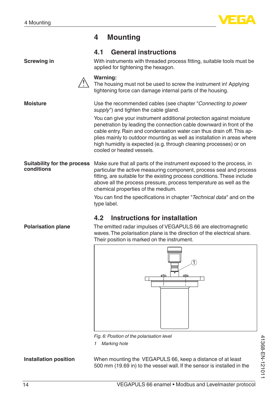 4 mounting, 1 general instructions, 2 instructions for installation | VEGA VEGAPULS 66 (≥ 2.0.0 - ≥ 4.0.0) enamel Modbus and Levelmaster protocol User Manual | Page 14 / 80