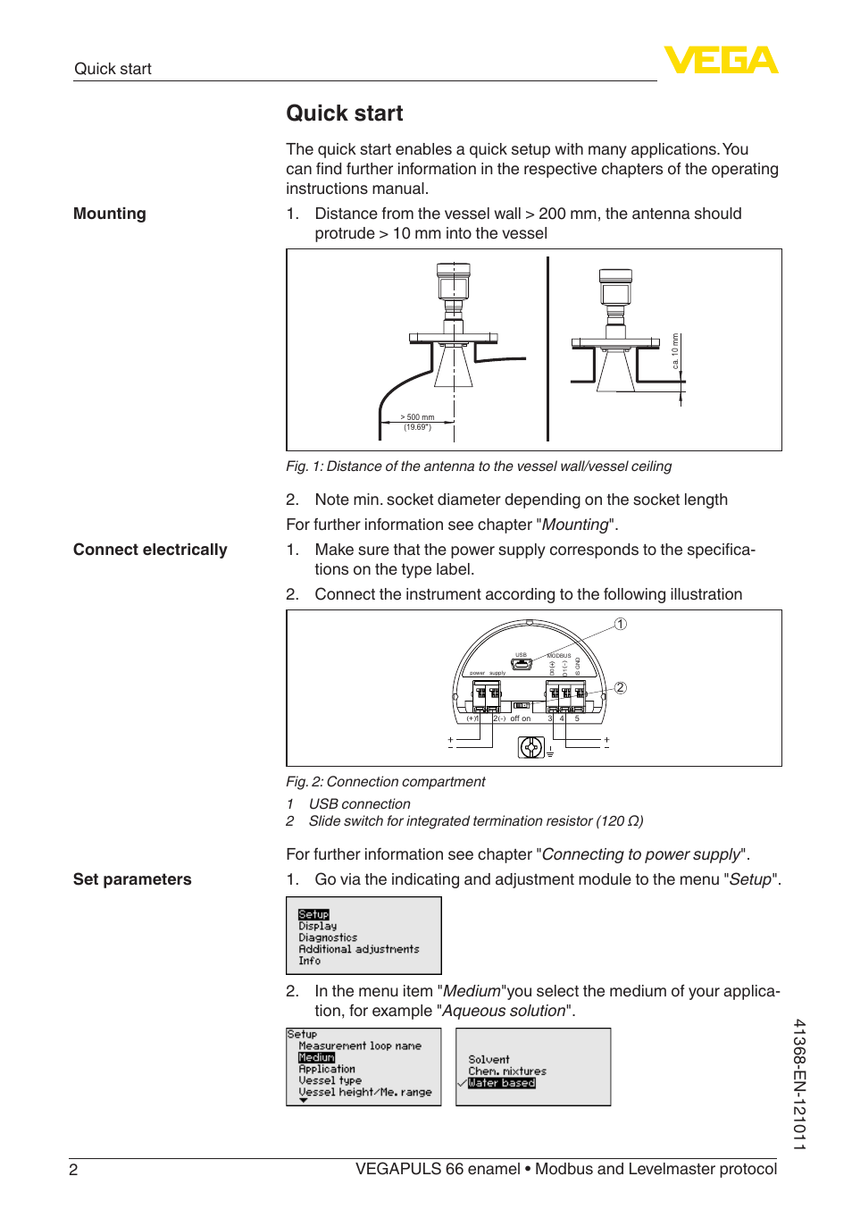 Quick start | VEGA VEGAPULS 66 (≥ 2.0.0 - ≥ 4.0.0) enamel Modbus and Levelmaster protocol User Manual | Page 2 / 80