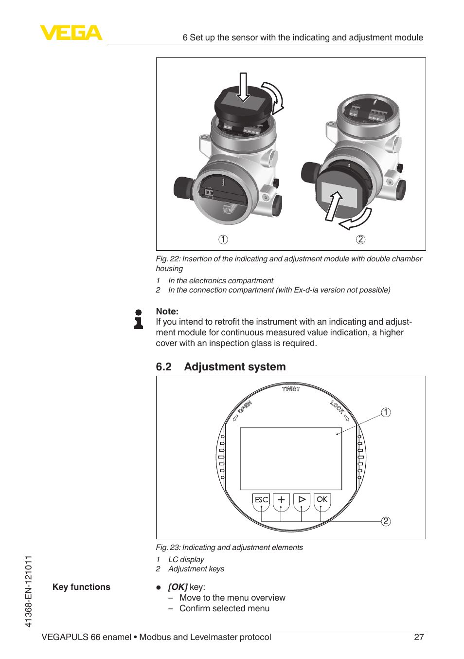2 adjustment system | VEGA VEGAPULS 66 (≥ 2.0.0 - ≥ 4.0.0) enamel Modbus and Levelmaster protocol User Manual | Page 27 / 80
