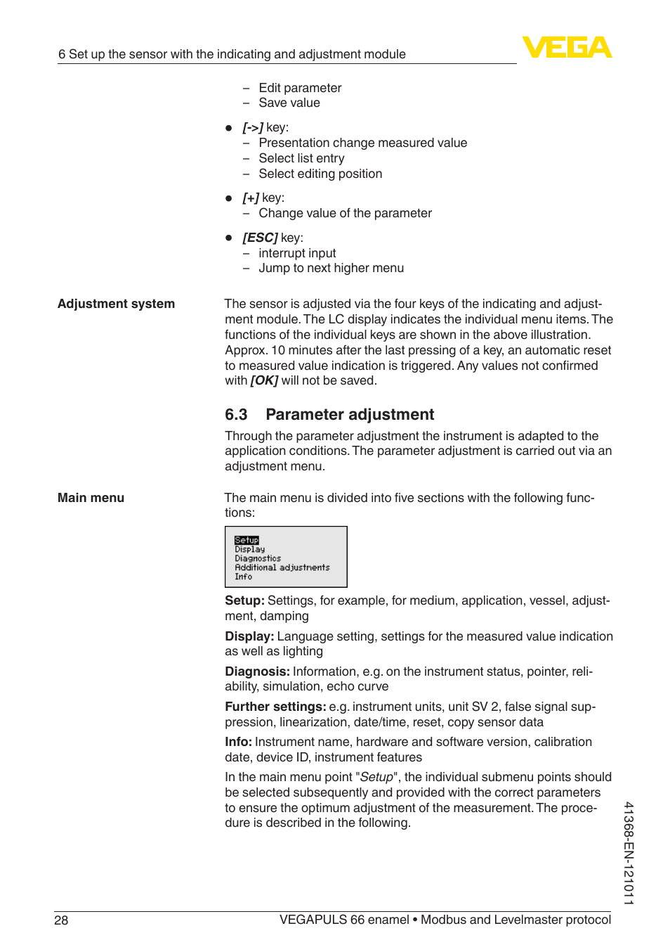 3 parameter adjustment | VEGA VEGAPULS 66 (≥ 2.0.0 - ≥ 4.0.0) enamel Modbus and Levelmaster protocol User Manual | Page 28 / 80