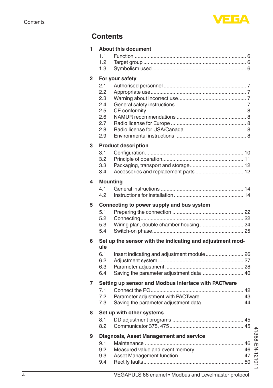 VEGA VEGAPULS 66 (≥ 2.0.0 - ≥ 4.0.0) enamel Modbus and Levelmaster protocol User Manual | Page 4 / 80