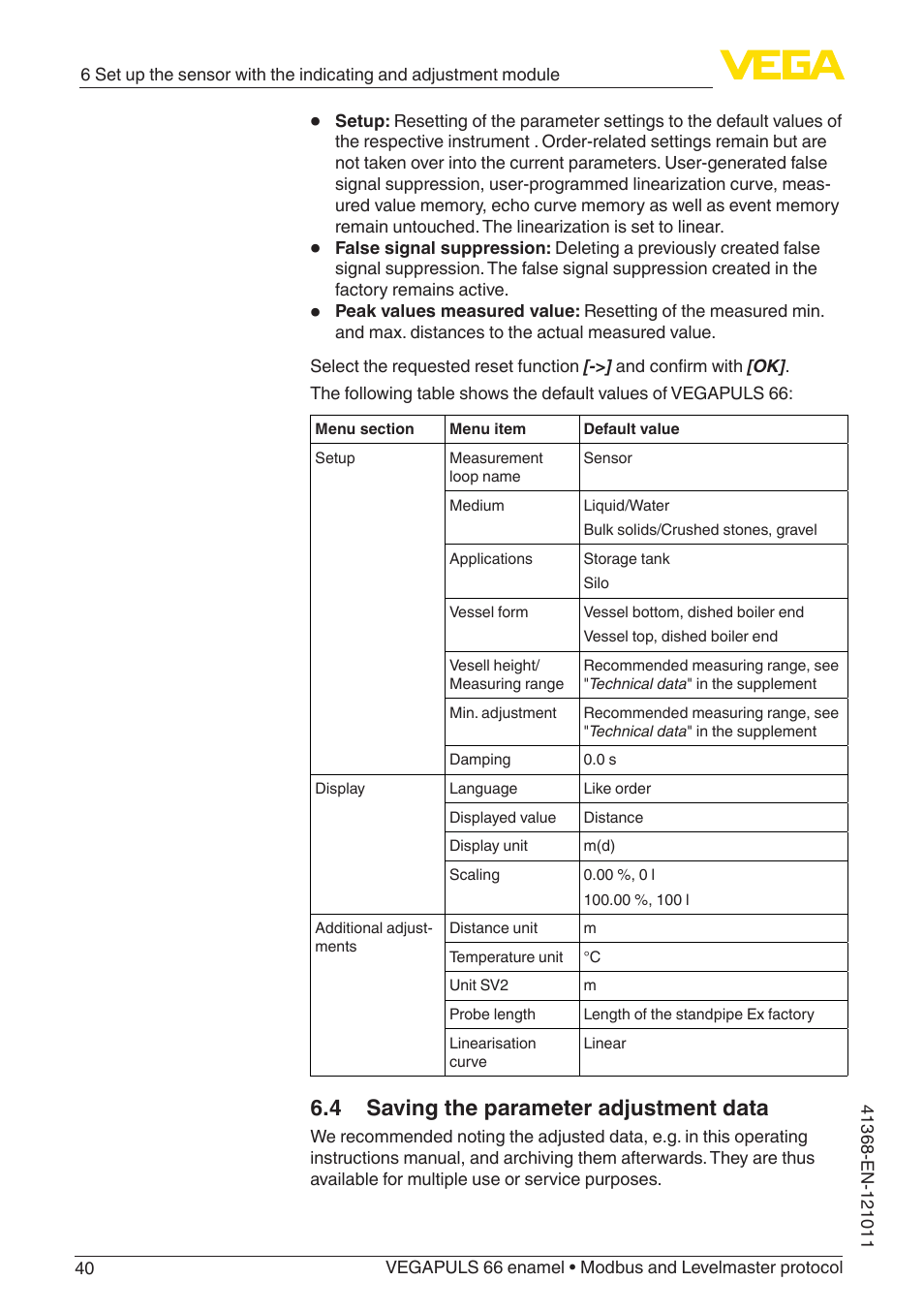 4 saving the parameter adjustment data | VEGA VEGAPULS 66 (≥ 2.0.0 - ≥ 4.0.0) enamel Modbus and Levelmaster protocol User Manual | Page 40 / 80