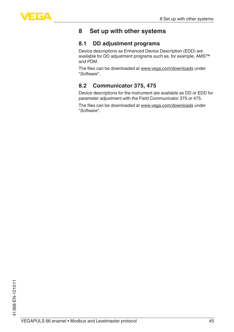 8 set up with other systems, 1 dd adjustment programs, 2 communicator 375, 475 | VEGA VEGAPULS 66 (≥ 2.0.0 - ≥ 4.0.0) enamel Modbus and Levelmaster protocol User Manual | Page 45 / 80