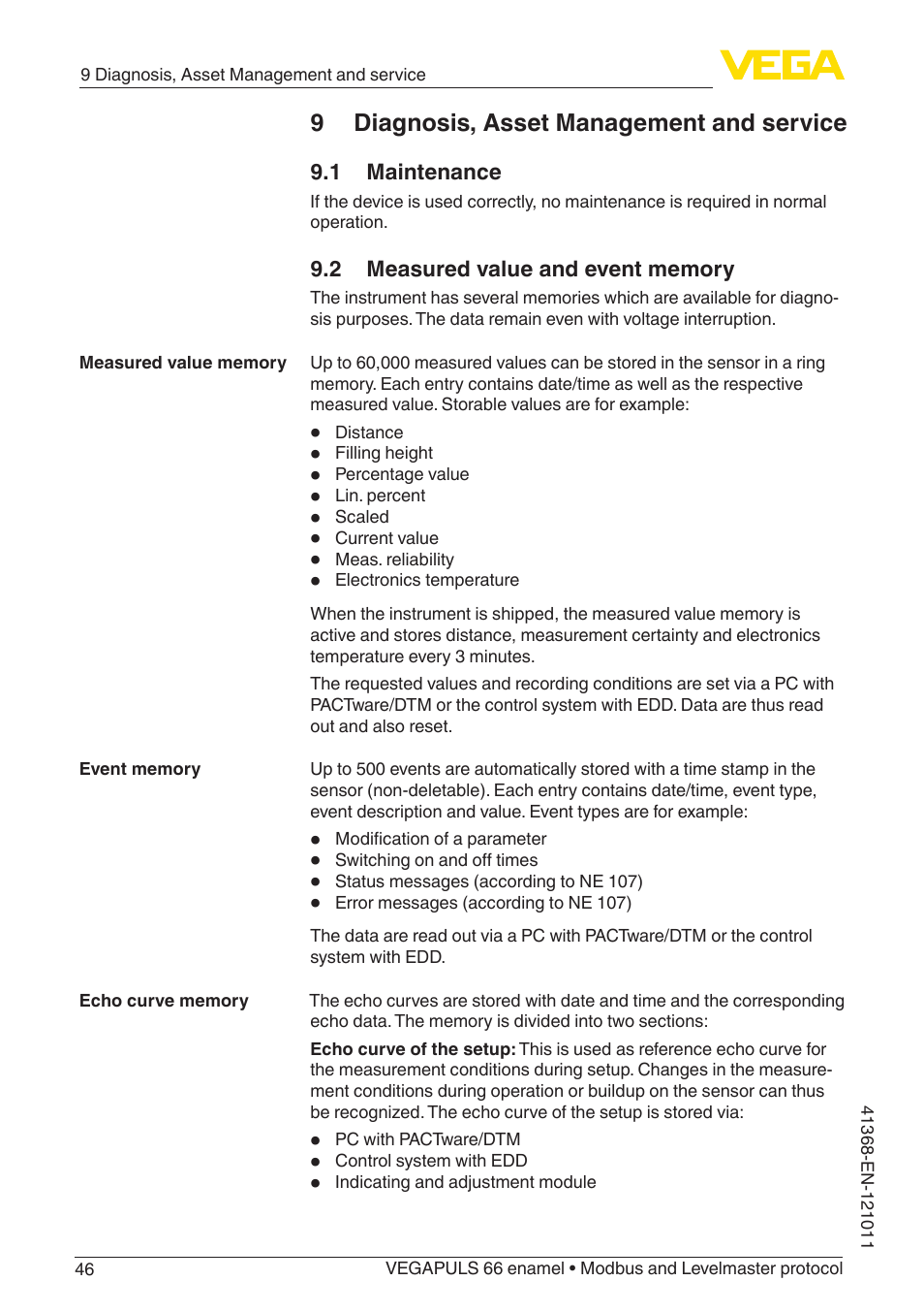 9 diagnosis, asset management and service, 1 maintenance, 2 measured value and event memory | VEGA VEGAPULS 66 (≥ 2.0.0 - ≥ 4.0.0) enamel Modbus and Levelmaster protocol User Manual | Page 46 / 80