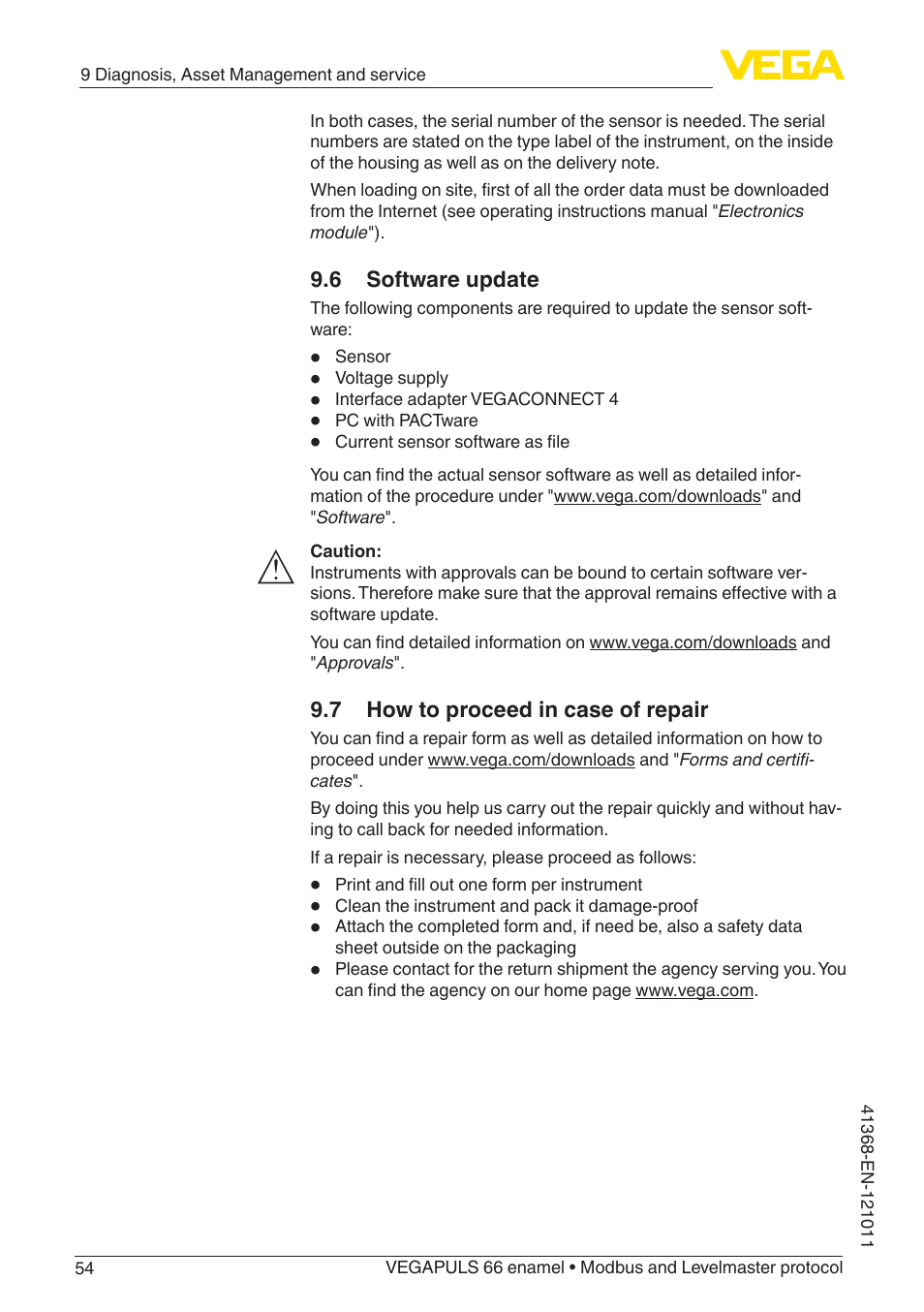 6 software update, 7 how to proceed in case of repair | VEGA VEGAPULS 66 (≥ 2.0.0 - ≥ 4.0.0) enamel Modbus and Levelmaster protocol User Manual | Page 54 / 80