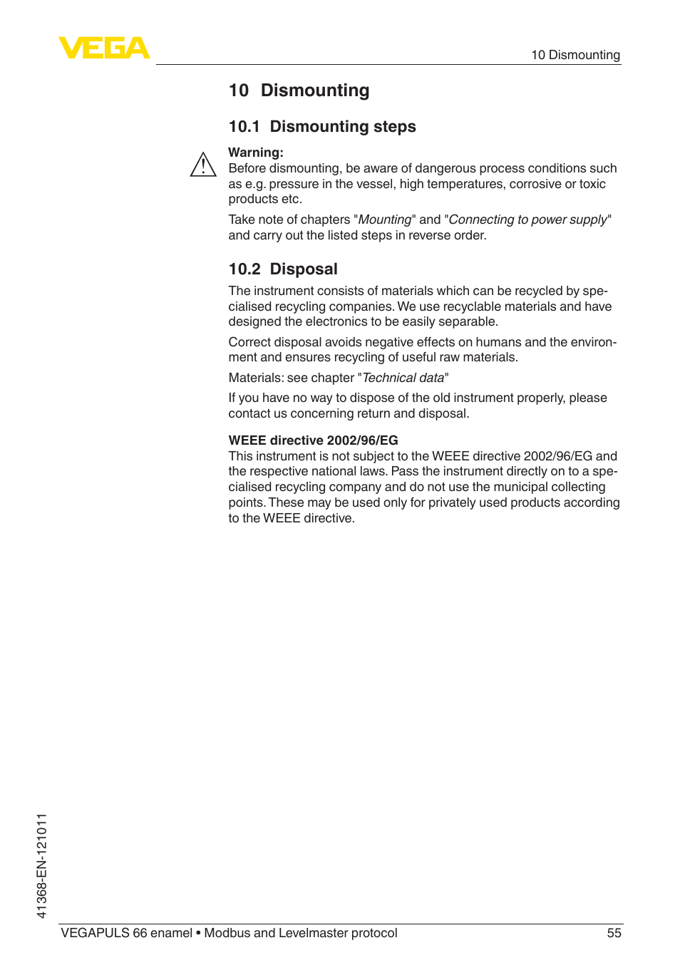 10 dismounting, 1 dismounting steps, 2 disposal | VEGA VEGAPULS 66 (≥ 2.0.0 - ≥ 4.0.0) enamel Modbus and Levelmaster protocol User Manual | Page 55 / 80