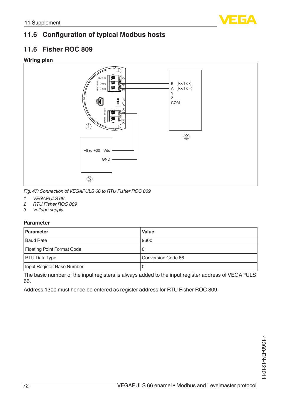 6 configuration of typical modbus hosts, 6 fisher roc 809, Wiring plan | Parameter | VEGA VEGAPULS 66 (≥ 2.0.0 - ≥ 4.0.0) enamel Modbus and Levelmaster protocol User Manual | Page 72 / 80
