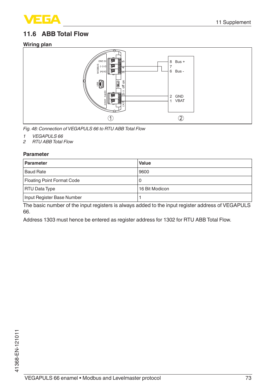 6 abb total flow, Wiring plan, Parameter | VEGA VEGAPULS 66 (≥ 2.0.0 - ≥ 4.0.0) enamel Modbus and Levelmaster protocol User Manual | Page 73 / 80