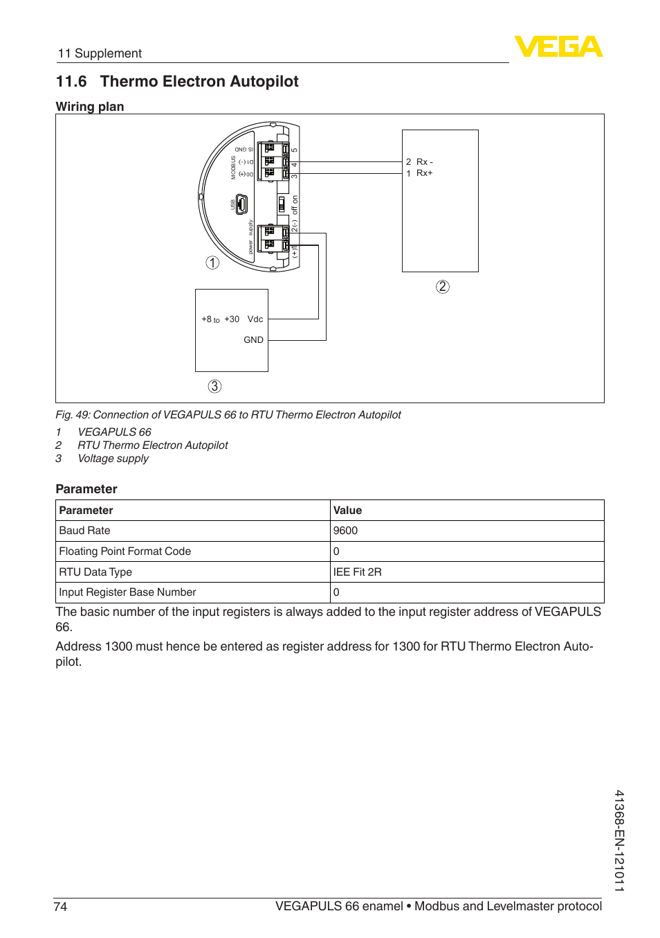 6 thermo electron autopilot, Wiring plan, Parameter | VEGA VEGAPULS 66 (≥ 2.0.0 - ≥ 4.0.0) enamel Modbus and Levelmaster protocol User Manual | Page 74 / 80