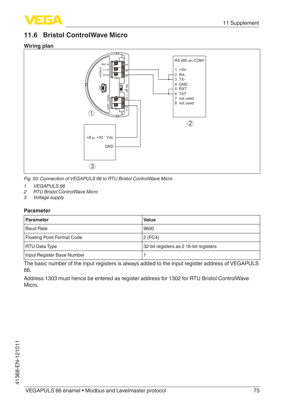 6 bristol controlwave micro, Wiring plan, Parameter | VEGA VEGAPULS 66 (≥ 2.0.0 - ≥ 4.0.0) enamel Modbus and Levelmaster protocol User Manual | Page 75 / 80