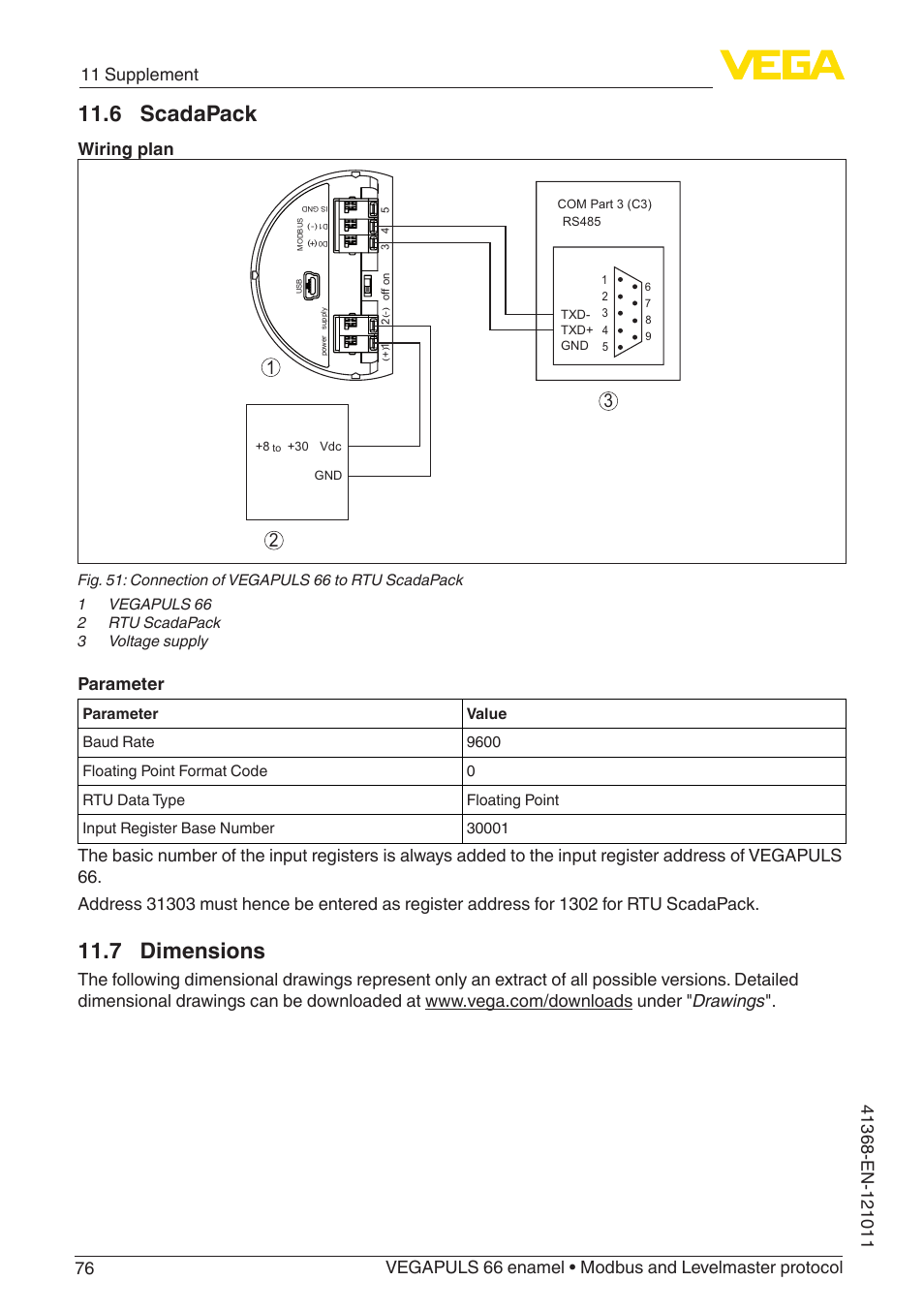 7 dimensions, 6 scadapack, Wiring plan | Parameter | VEGA VEGAPULS 66 (≥ 2.0.0 - ≥ 4.0.0) enamel Modbus and Levelmaster protocol User Manual | Page 76 / 80