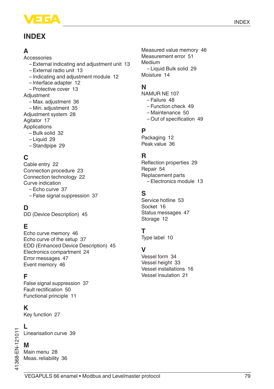 Index | VEGA VEGAPULS 66 (≥ 2.0.0 - ≥ 4.0.0) enamel Modbus and Levelmaster protocol User Manual | Page 79 / 80